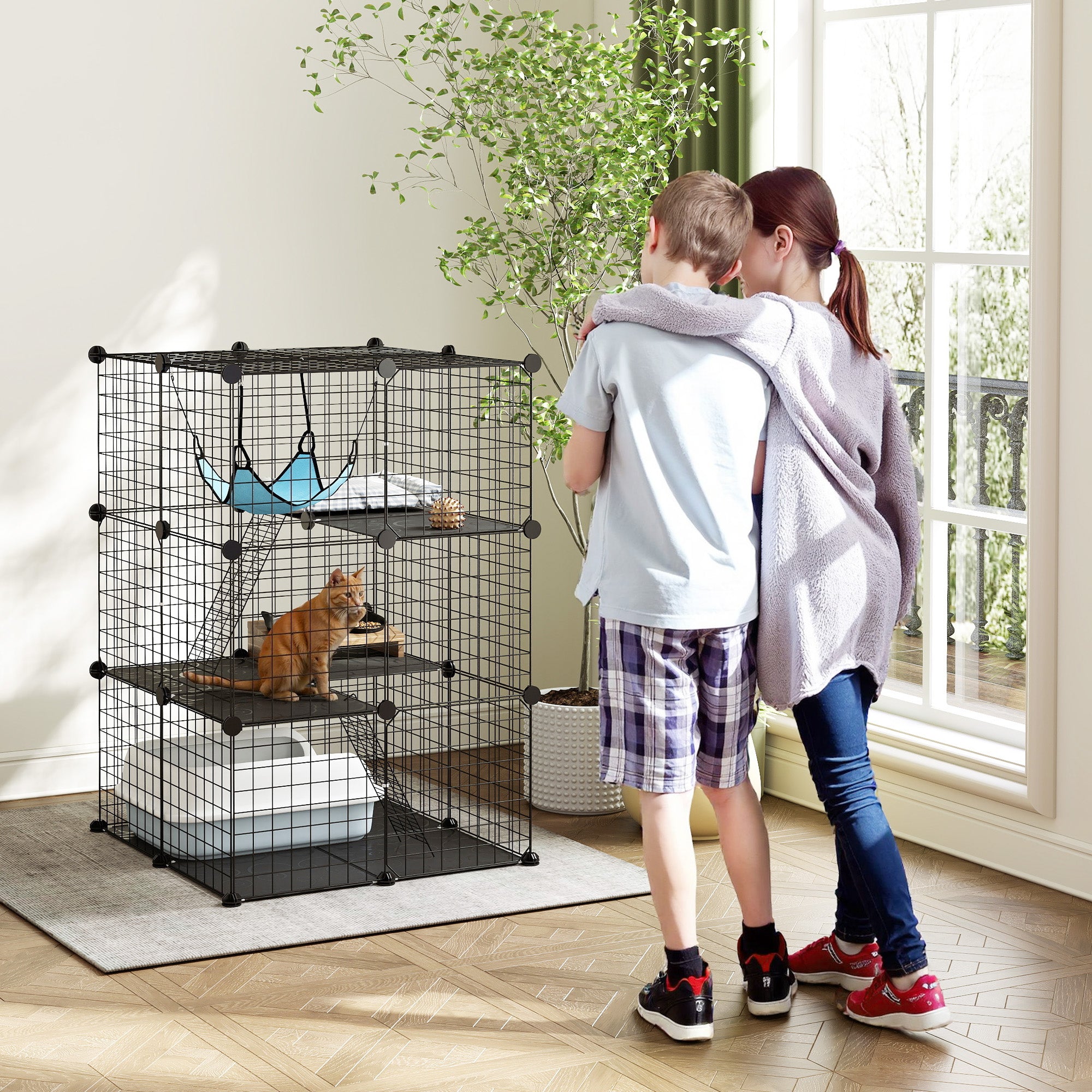 Indoor Cat Cage DIY Customizable 3-Tier Indoor Cat Enclosure with 3 Doors and Hammock  Black
