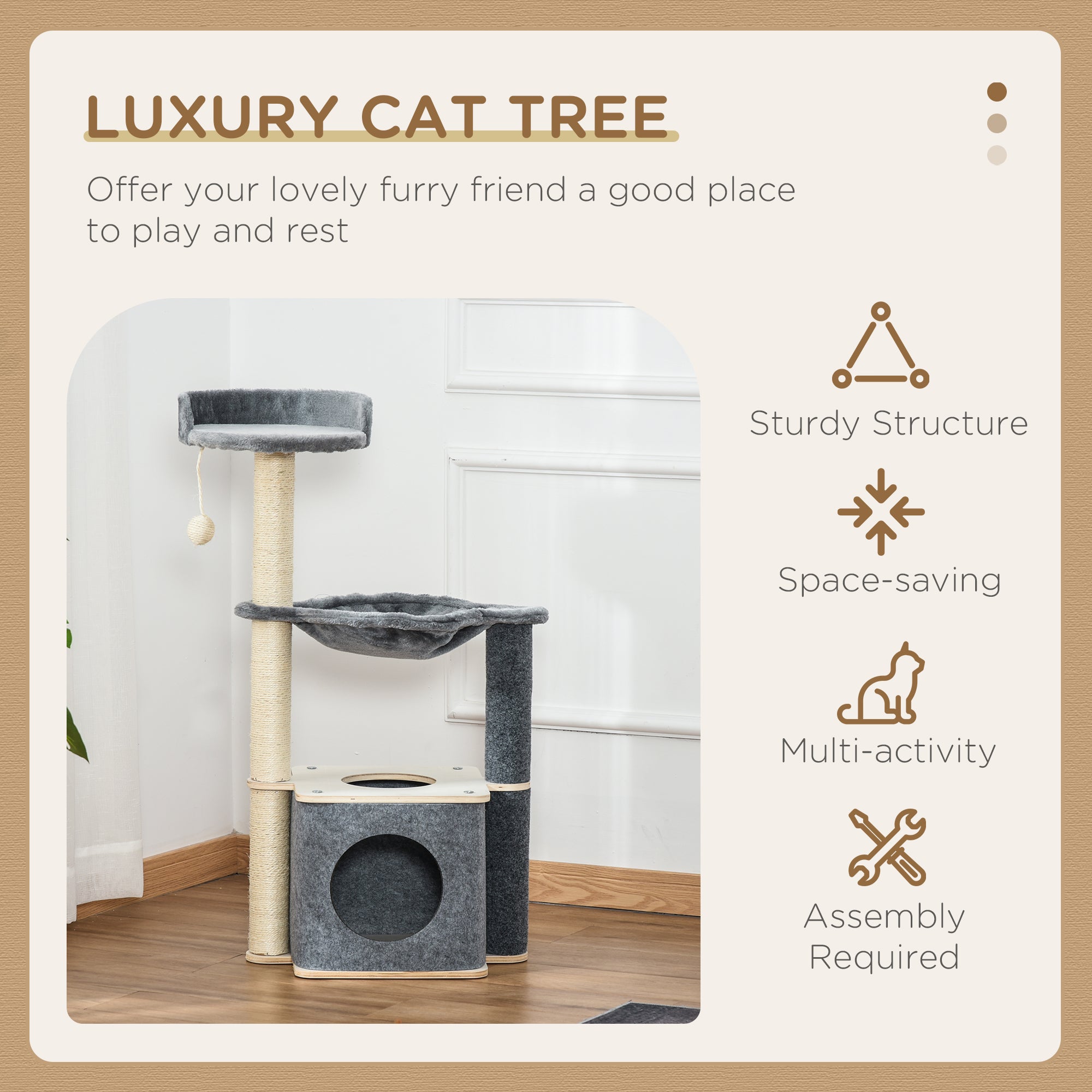 Cat Tower, 95cm Climbing Kitten Activity Centre with Sisal Scratching Posts, Perch, Spacious Condo, and Hammock, Grey
