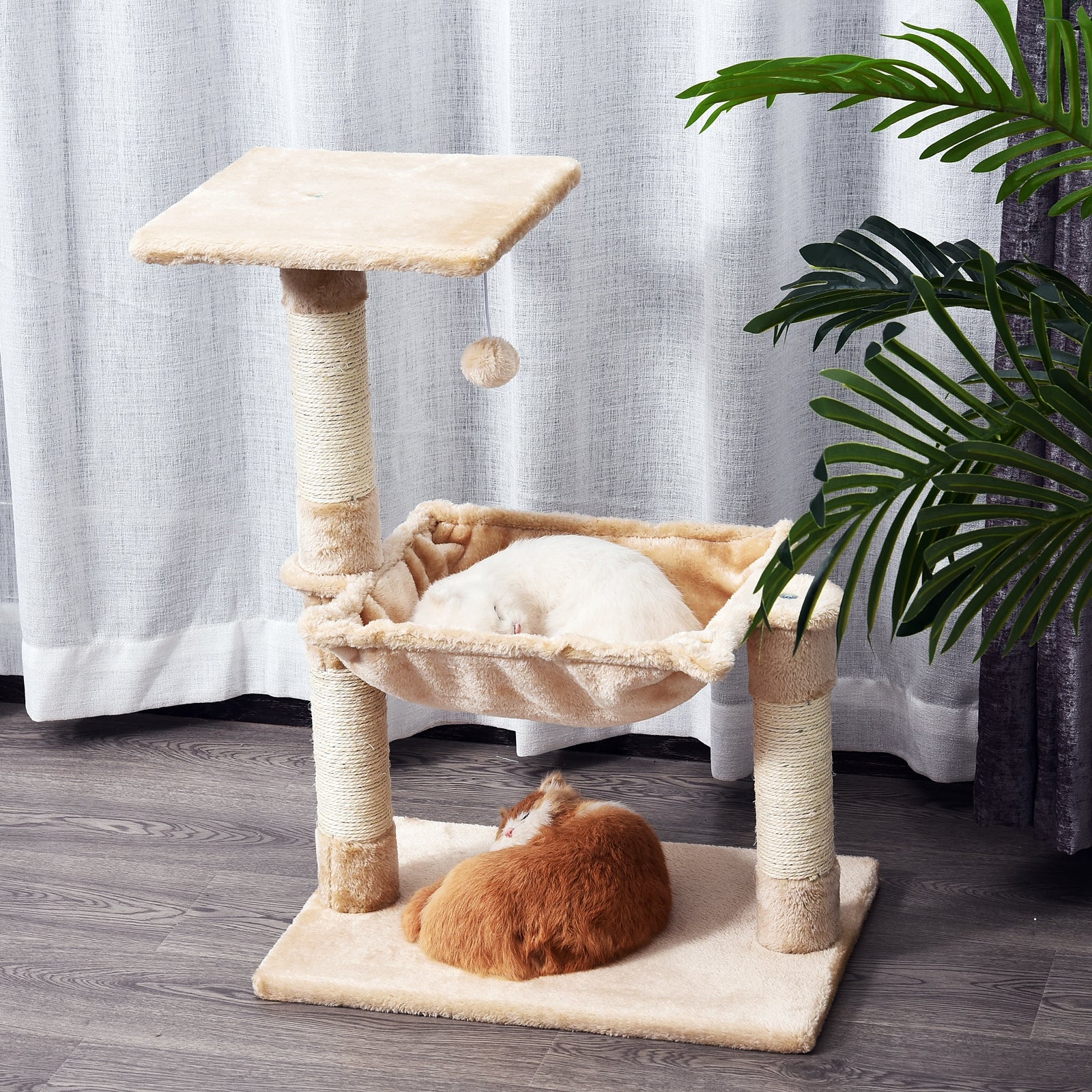 2-Tier Cat Tree with Hammock Bed, Natural Sisal Scratching Post & Dangle Toy, Pet Scratch Stand