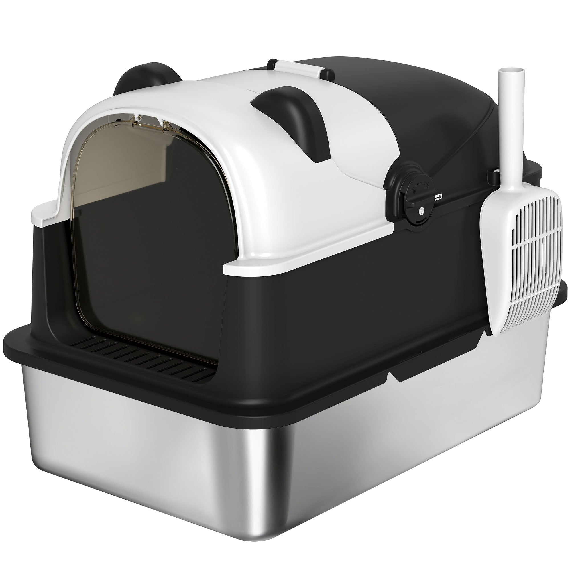 Panda Style XL Stainless Steel Cat Litter Box with Lid, Enclosed Kitty Litter Box with Scoop