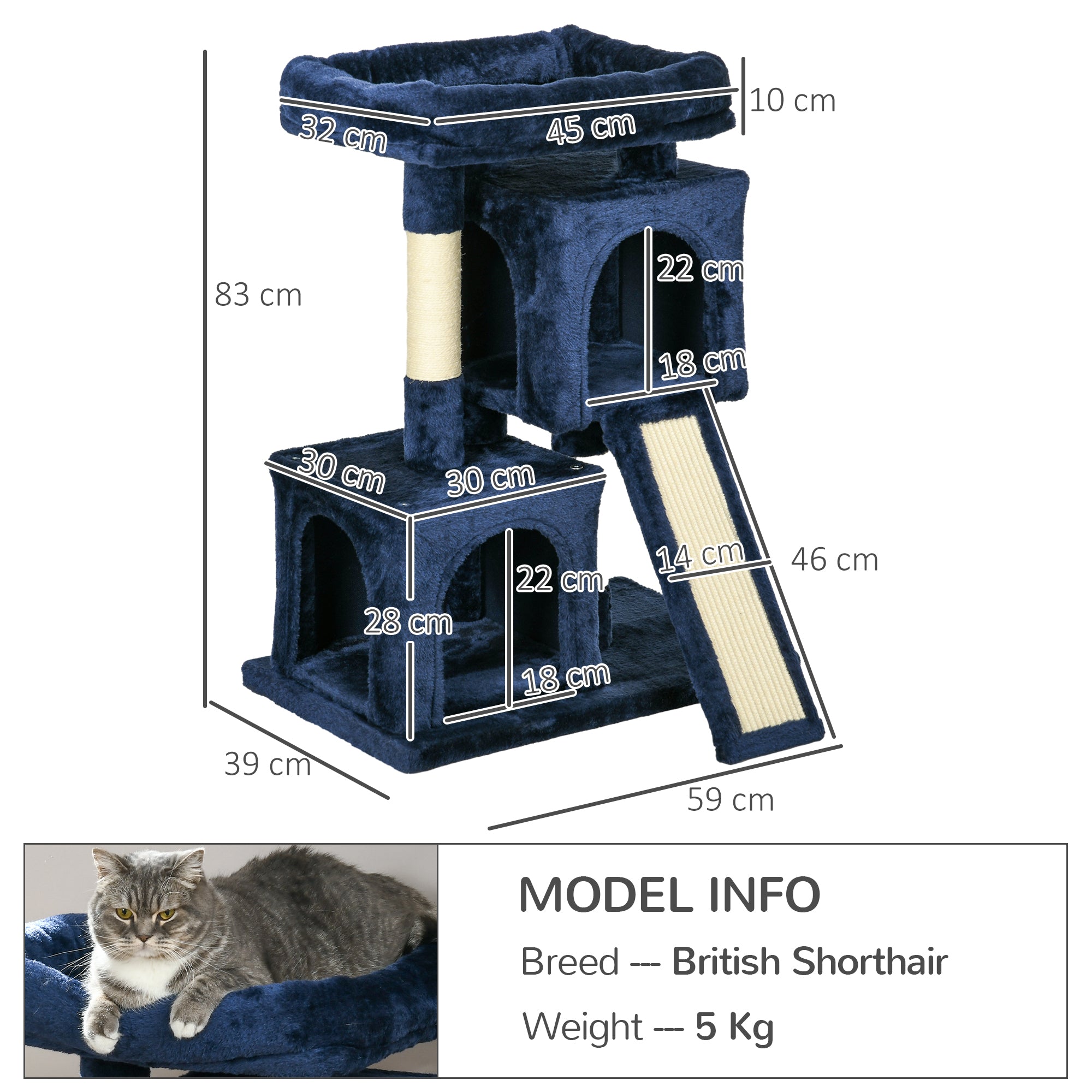 Sisal Cat Activity Tree, Rest & Play Centre with 2 Houses, Durable, Navy Blue