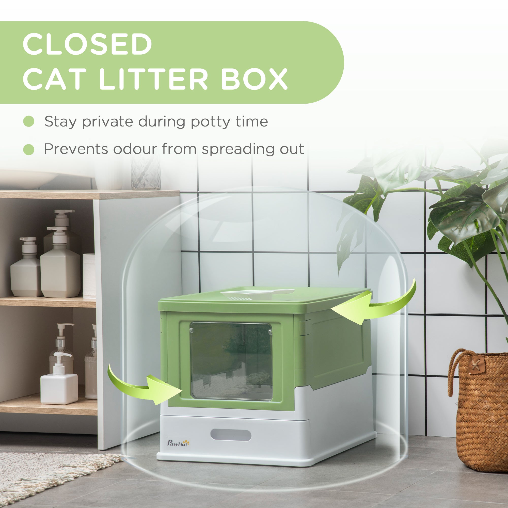 Hooded Cat Litter Box, Portable Pet Toilet, with Scoop, Front Entry - Lime Green