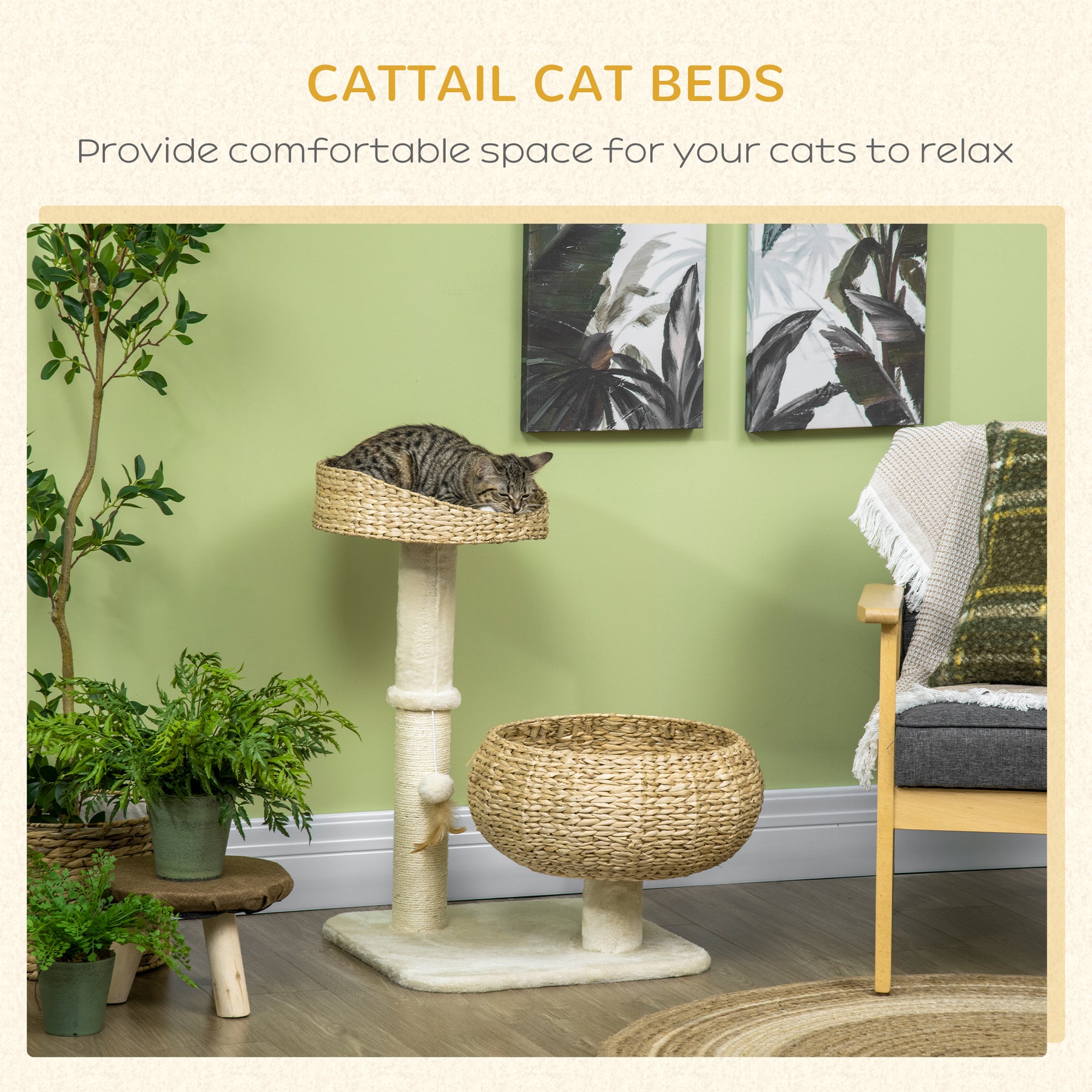 Cat Tree Kitten Tower, with Sisal Scratching Post, Two Beds, Toy Ball