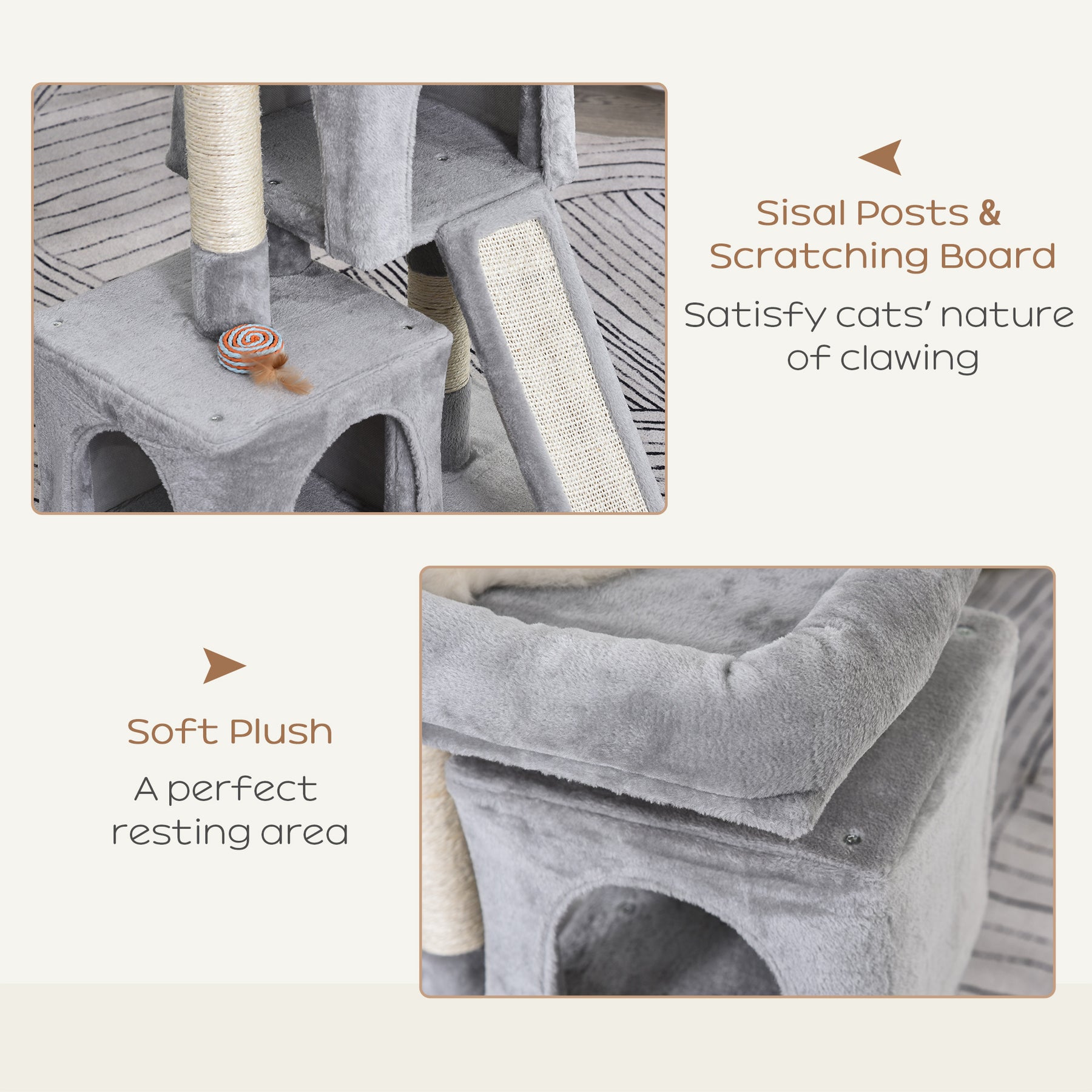 Feline Fortress: 3-Tier Cat Tower with Sisal Scratchers, Leisure Lounge in Light Grey