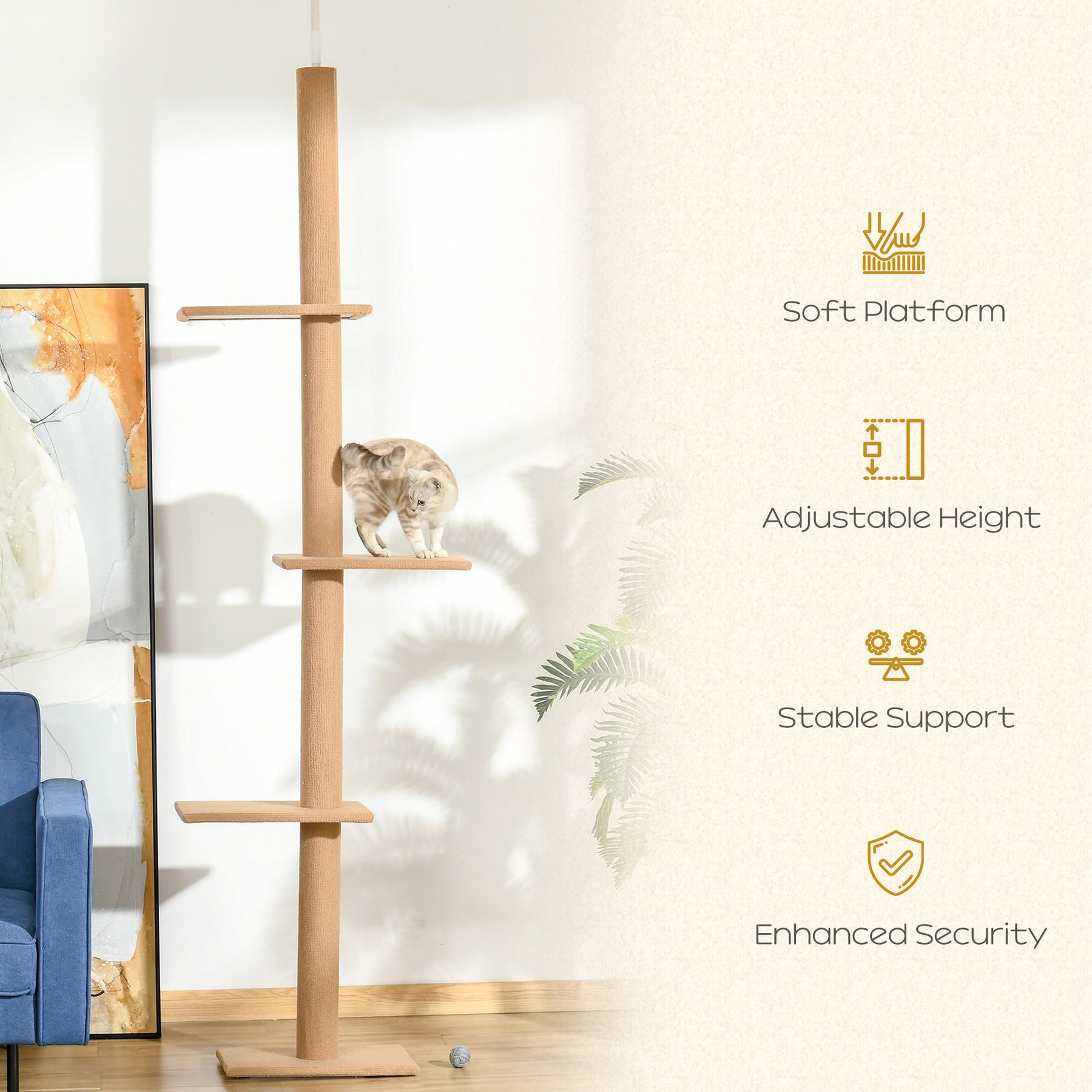 Floor to Ceiling Cat Tree with 3 Perches and Flannel Upholstery, Activity & Rest Tower, Brown