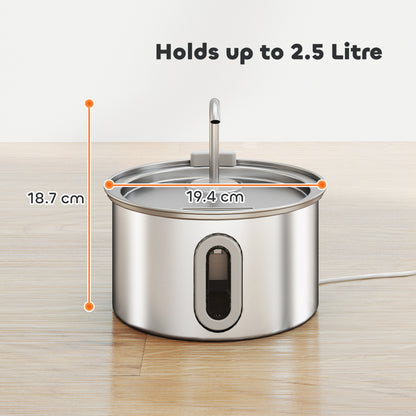 PawHut 2.5L Stainless Steel Cat Water Fountain for Drinking with Ultra-Silent Pump, Water-Level Window, 7 Filters PawHut