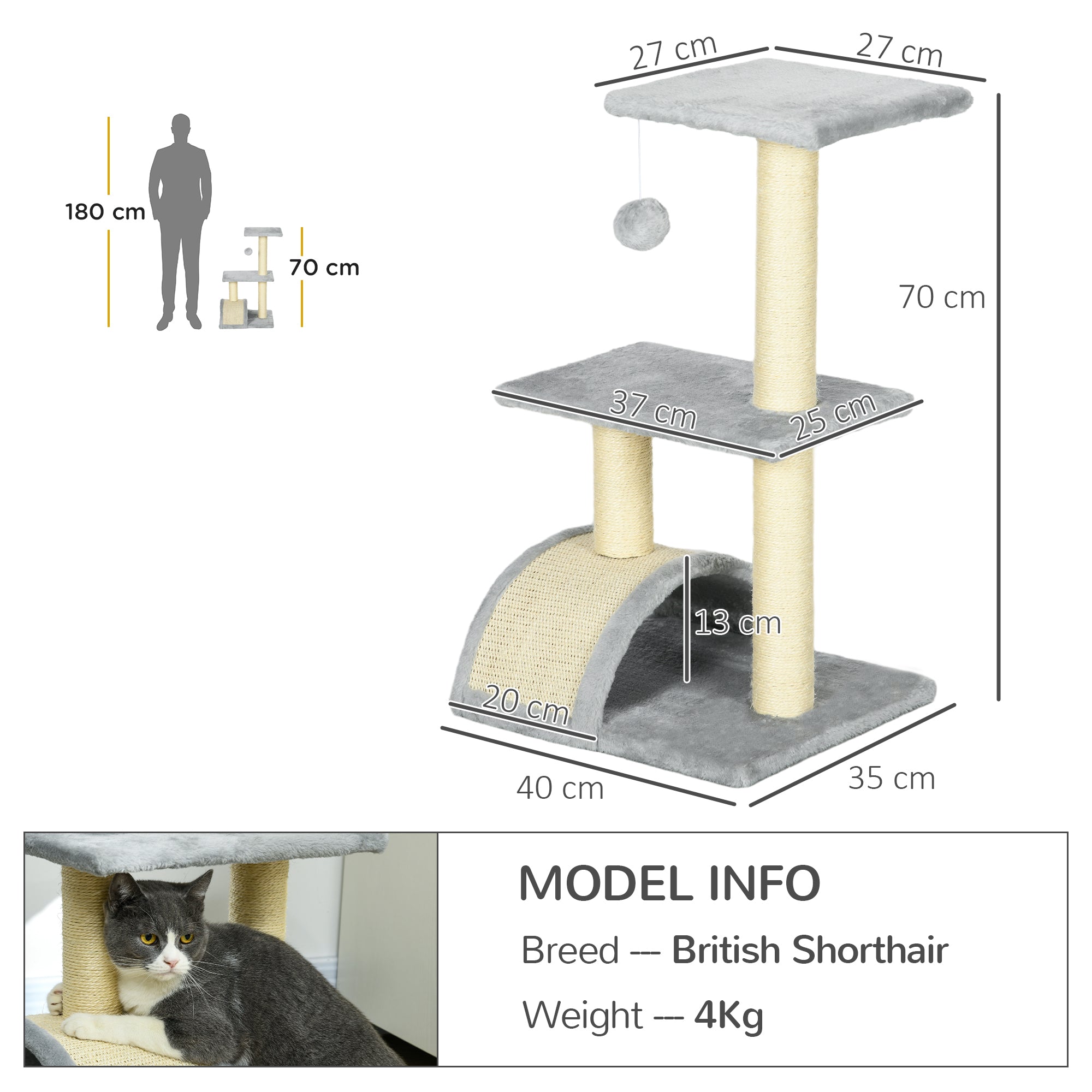 Compact Cat Tree for Indoor Use, Multi-Level with Sisal Scratching Posts, Cushioned Platform, Hanging Ball, Light Grey