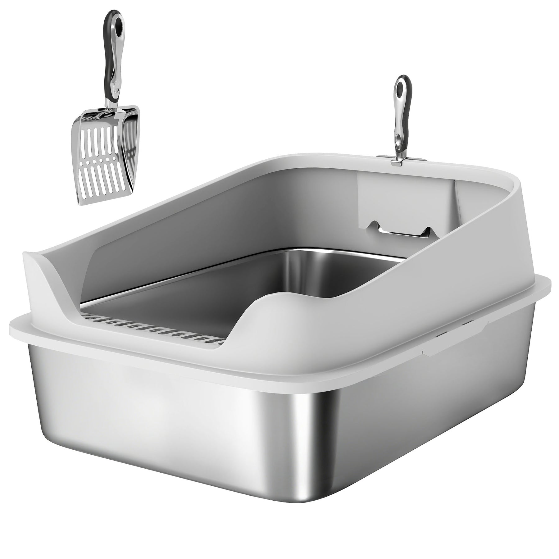 XXL Stainless Steel Cat Litter Box with High Sides, Scoop