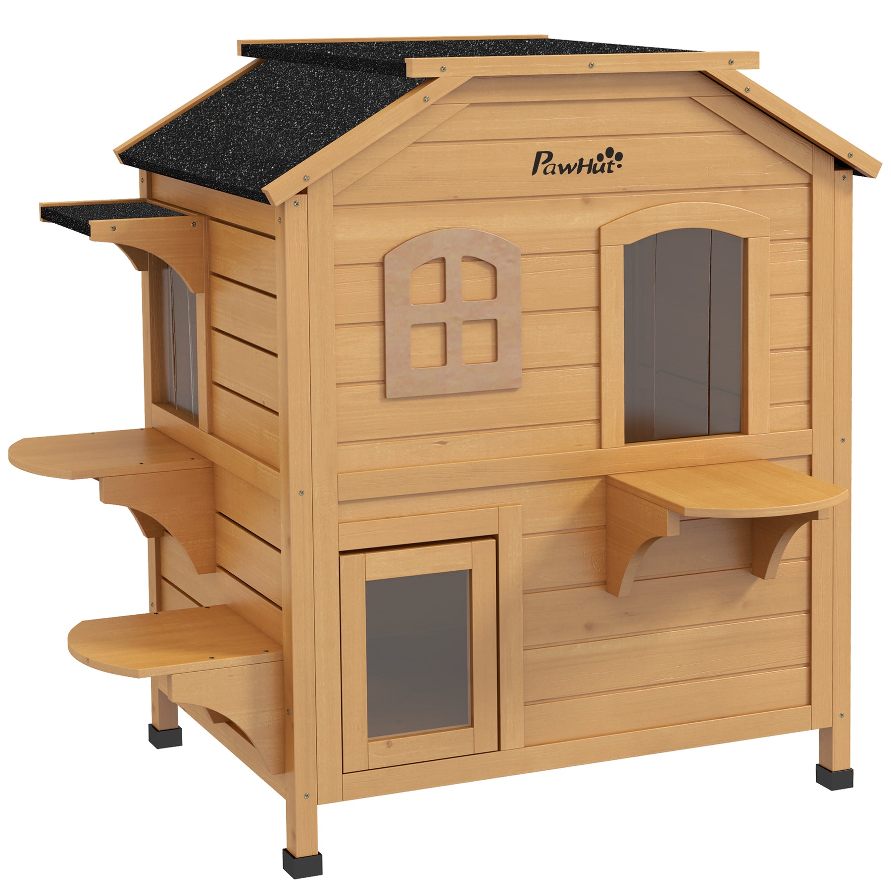 Wooden Cat House Condos Cat Cave Pet Shelter 2 Floor Villa Outdoor Furniture Natural Wood Finish