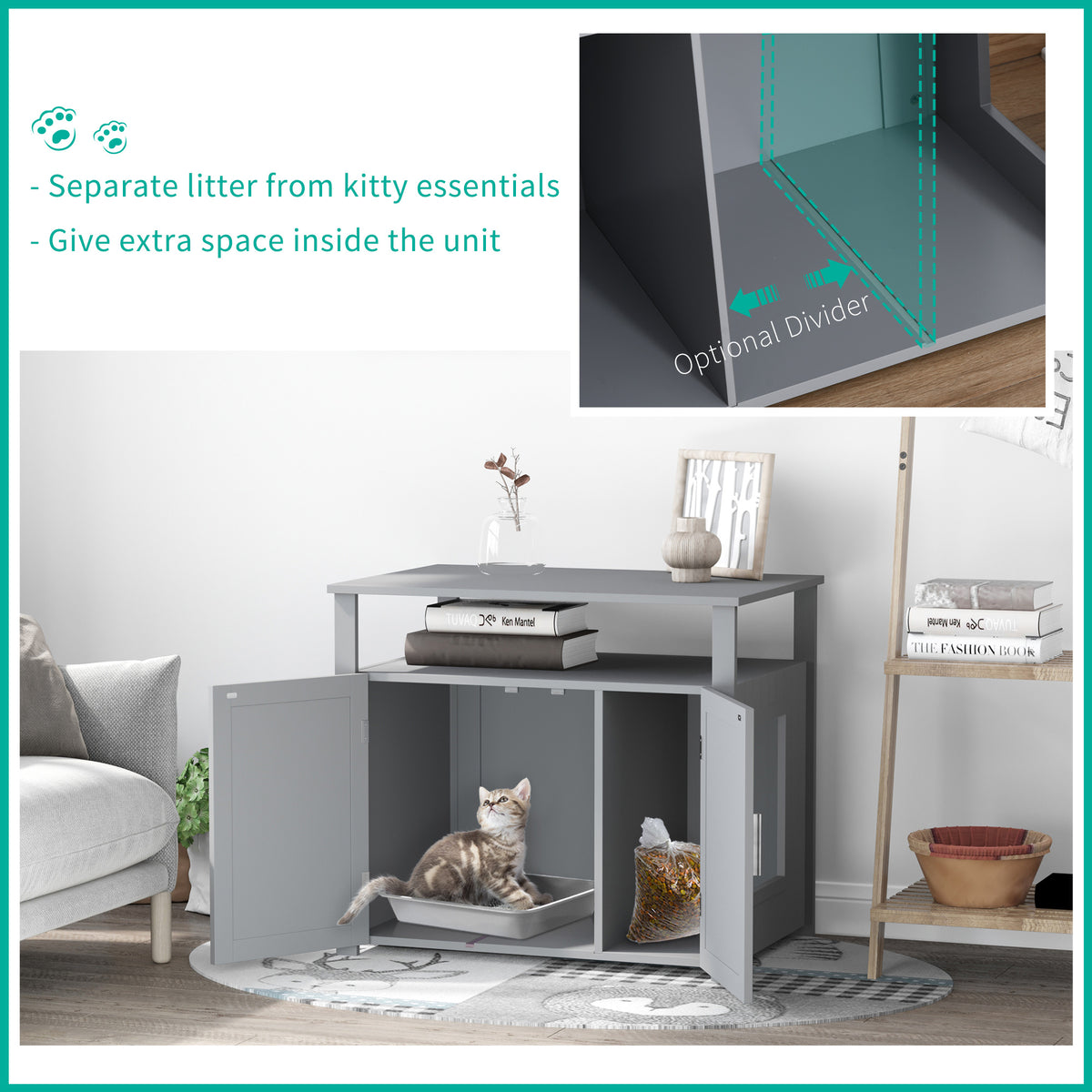 PawHut Wooden Cat Litter Box Enclosure Furniture with Adjustable Interior Wall & Large Tabletop for Nightstand, Grey PawHut