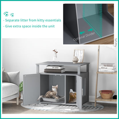 PawHut Wooden Cat Litter Box Enclosure Furniture with Adjustable Interior Wall & Large Tabletop for Nightstand, Grey PawHut