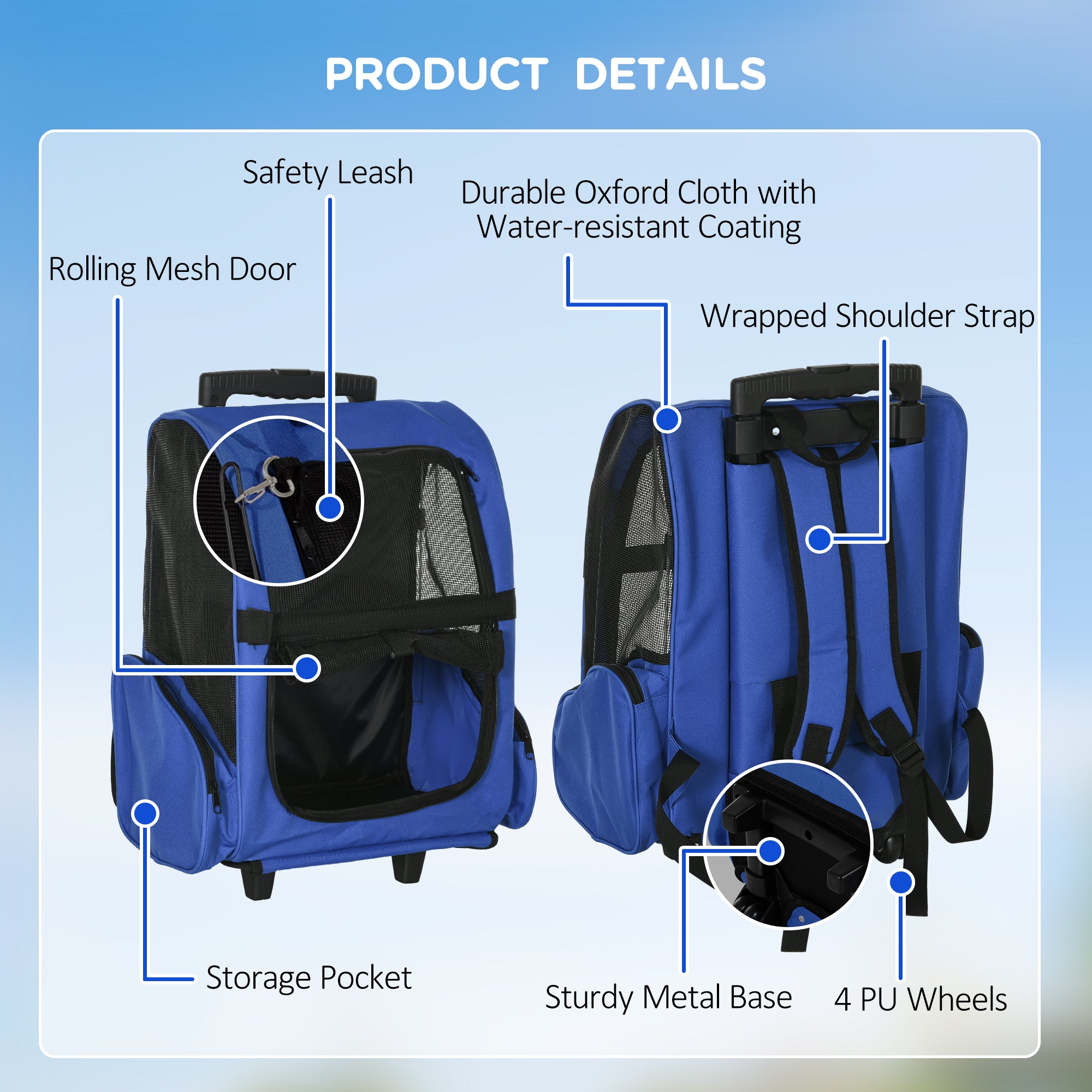 Portable Pet Carrier Backpack with Trolley, Telescopic Handle, Stroller Wheels for Cats & Dogs, Blue