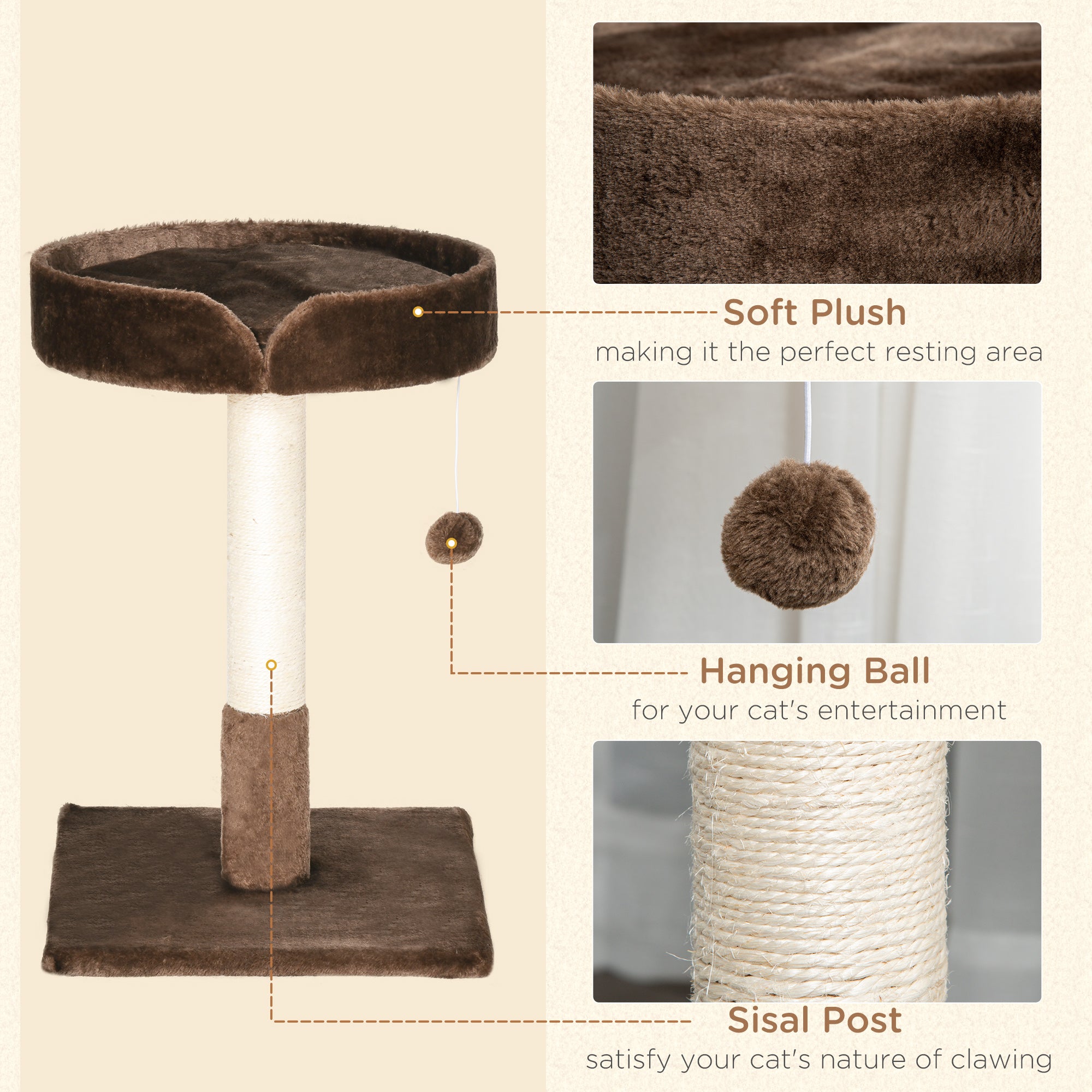 Compact Cat Tree, Sisal Scratching Post, Soft Bed, Play Toy, for Kittens, Brown,