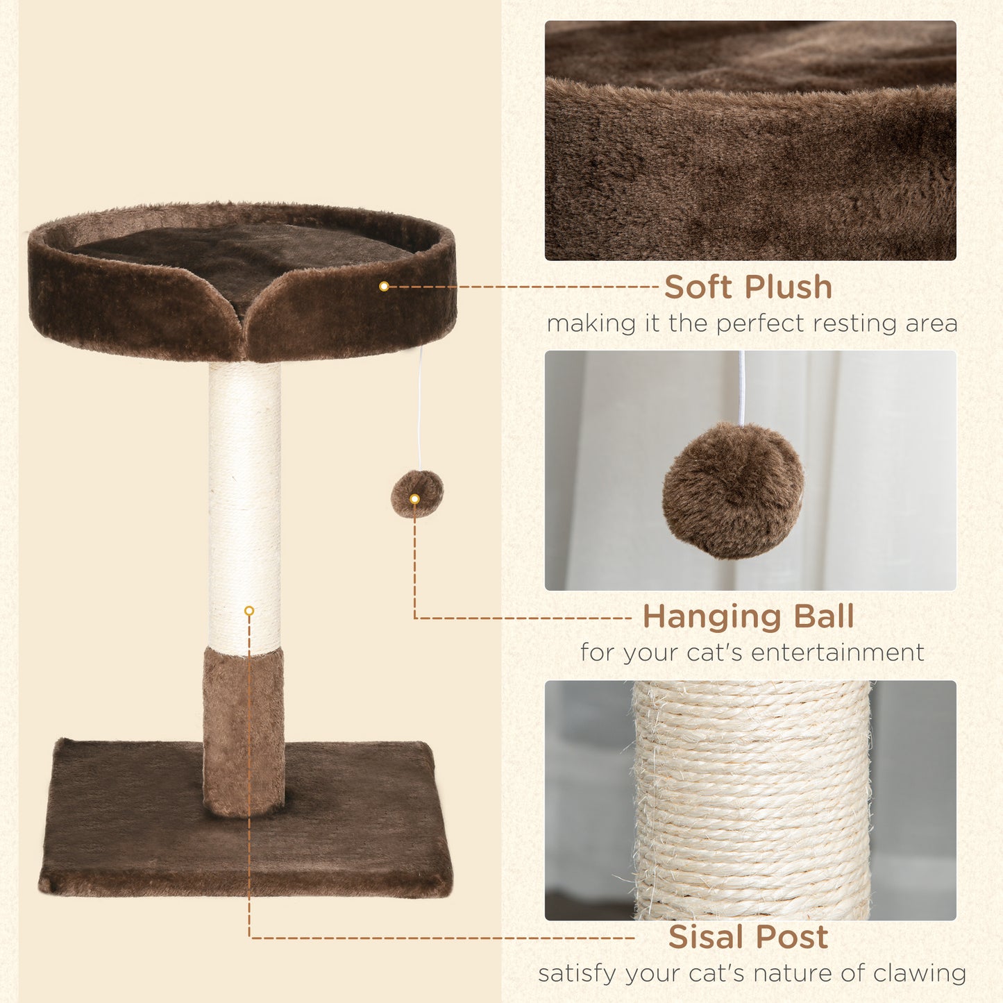Compact Cat Tree Sisal Scratching Post Soft Bed Play Toy Aosom UK