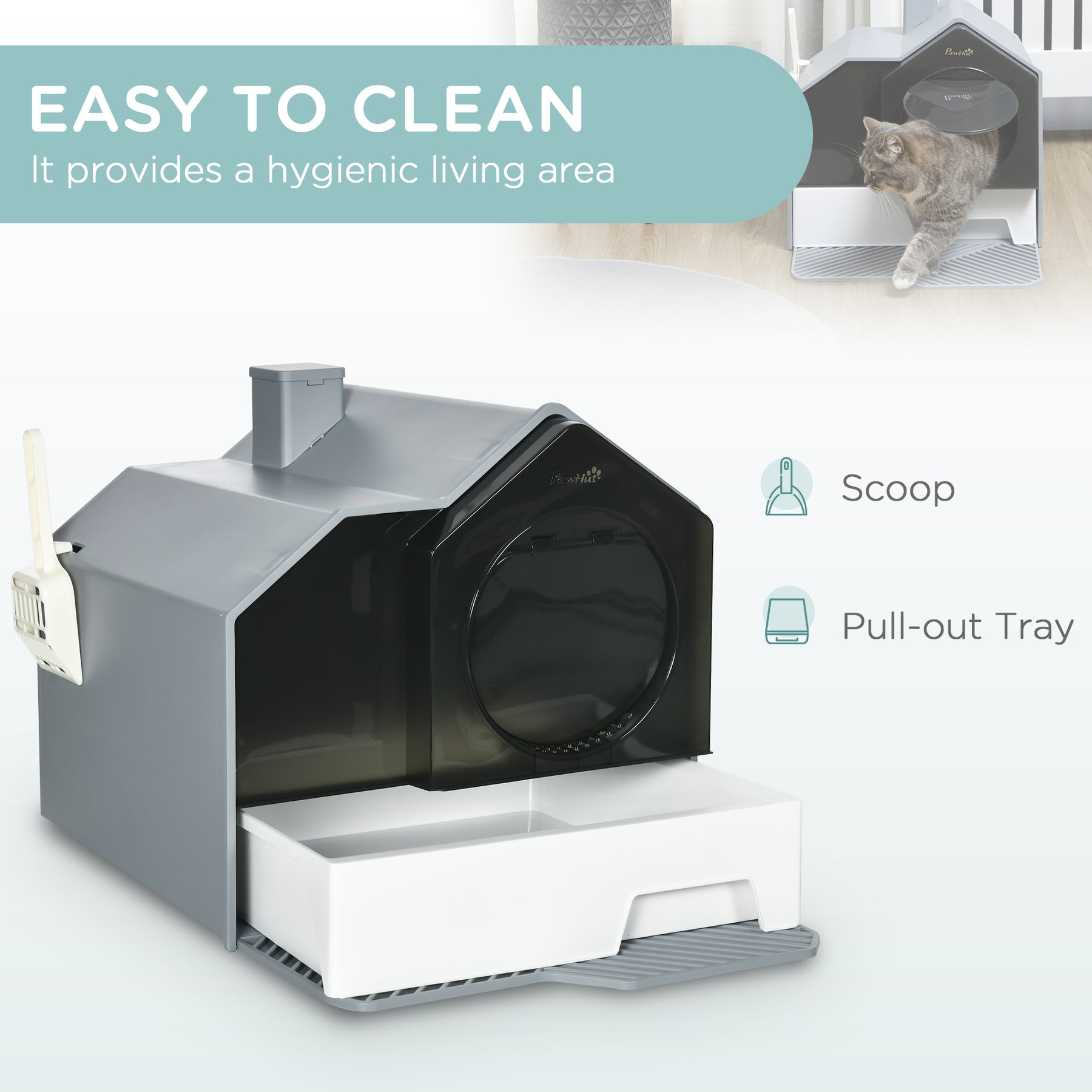 Cat Litter Box with Scoop, Enclosed Cat Toilet with Pull-Out Drawer, Odour Control & Easy Clean, Slate Grey