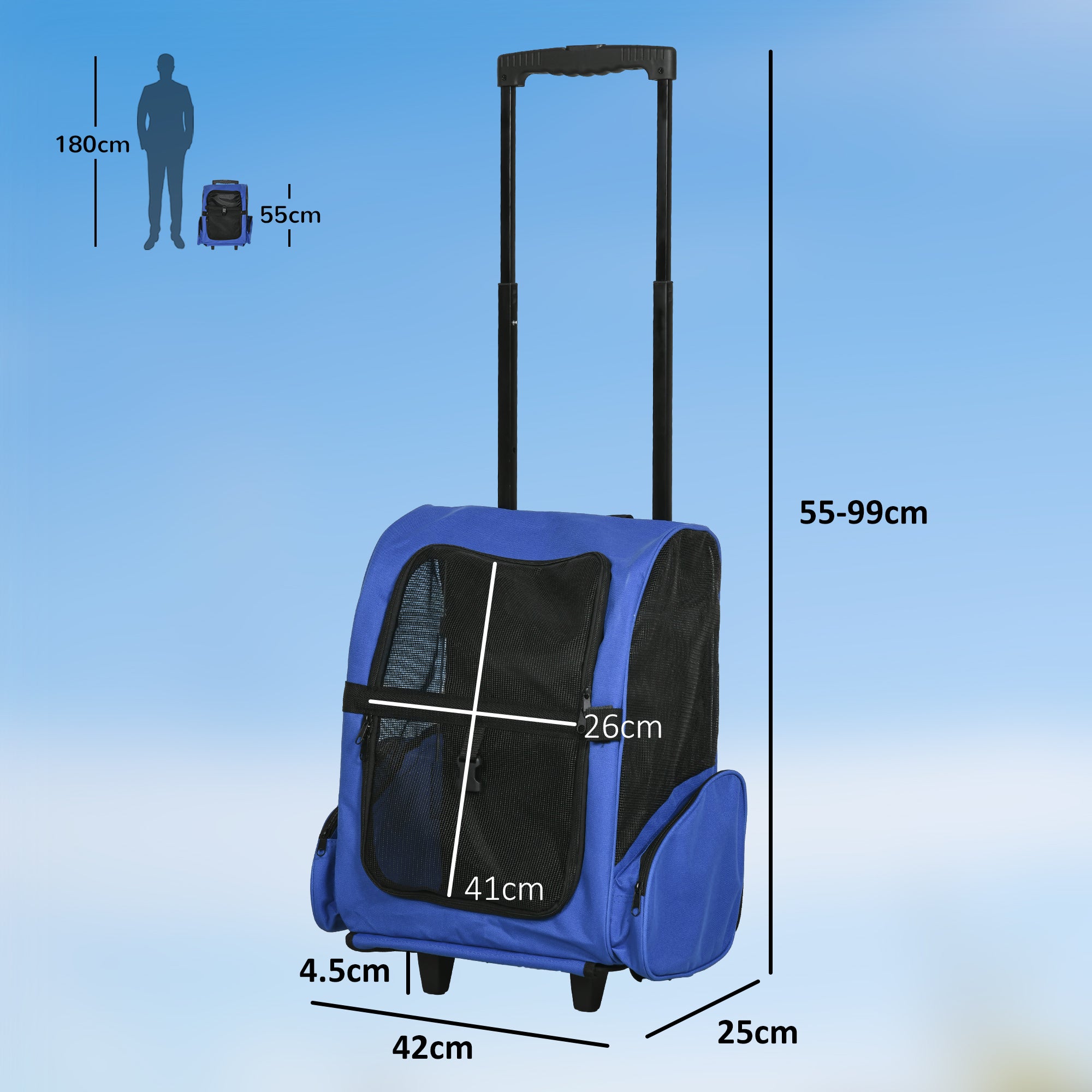 Portable Pet Carrier Backpack with Trolley, Telescopic Handle, Stroller Wheels for Cats & Dogs, Blue