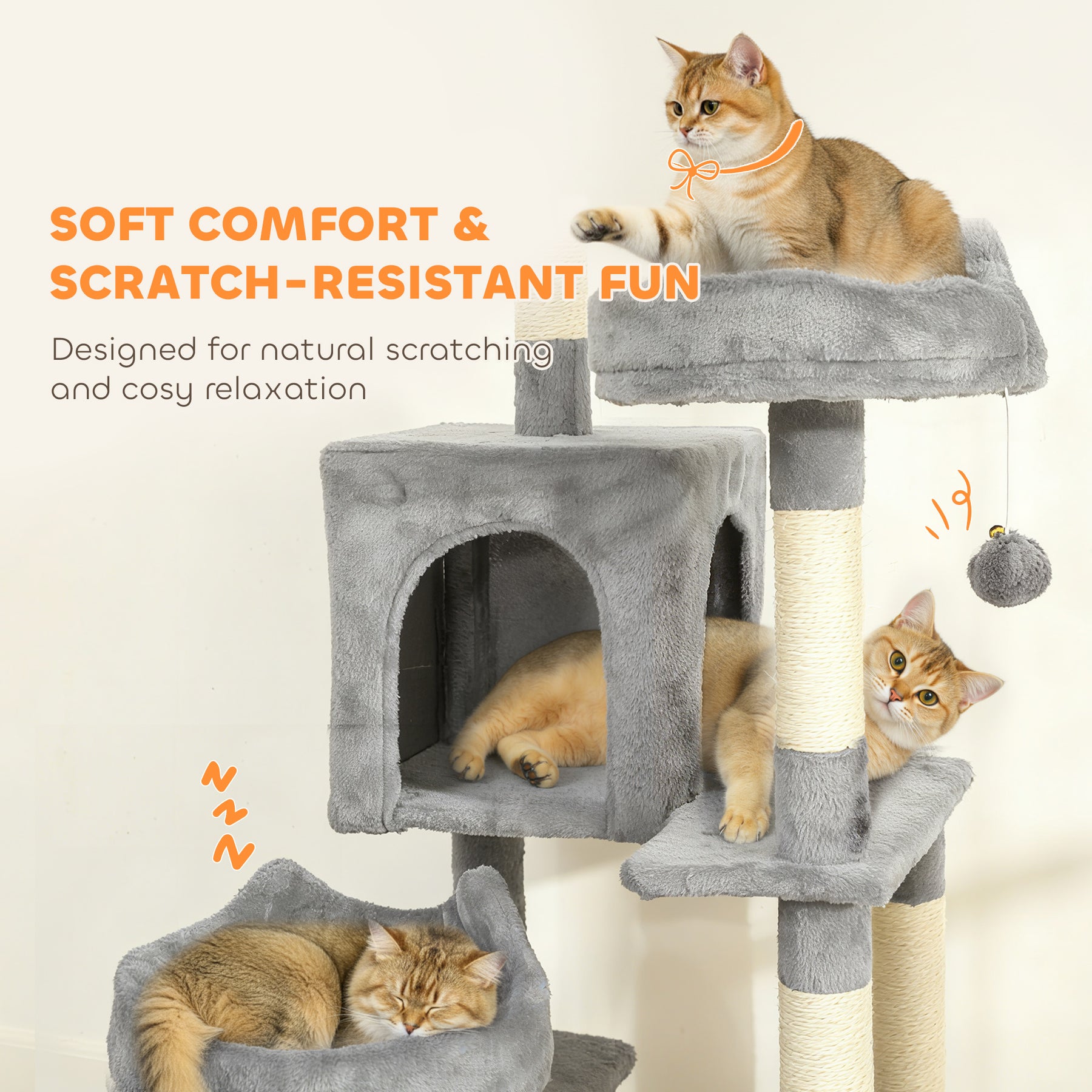 Cat Tree, Large Multi-Level Cat Tower for Indoor Kittens with 8 Scratching Posts, 3 Plush Beds, 2 Hammocks