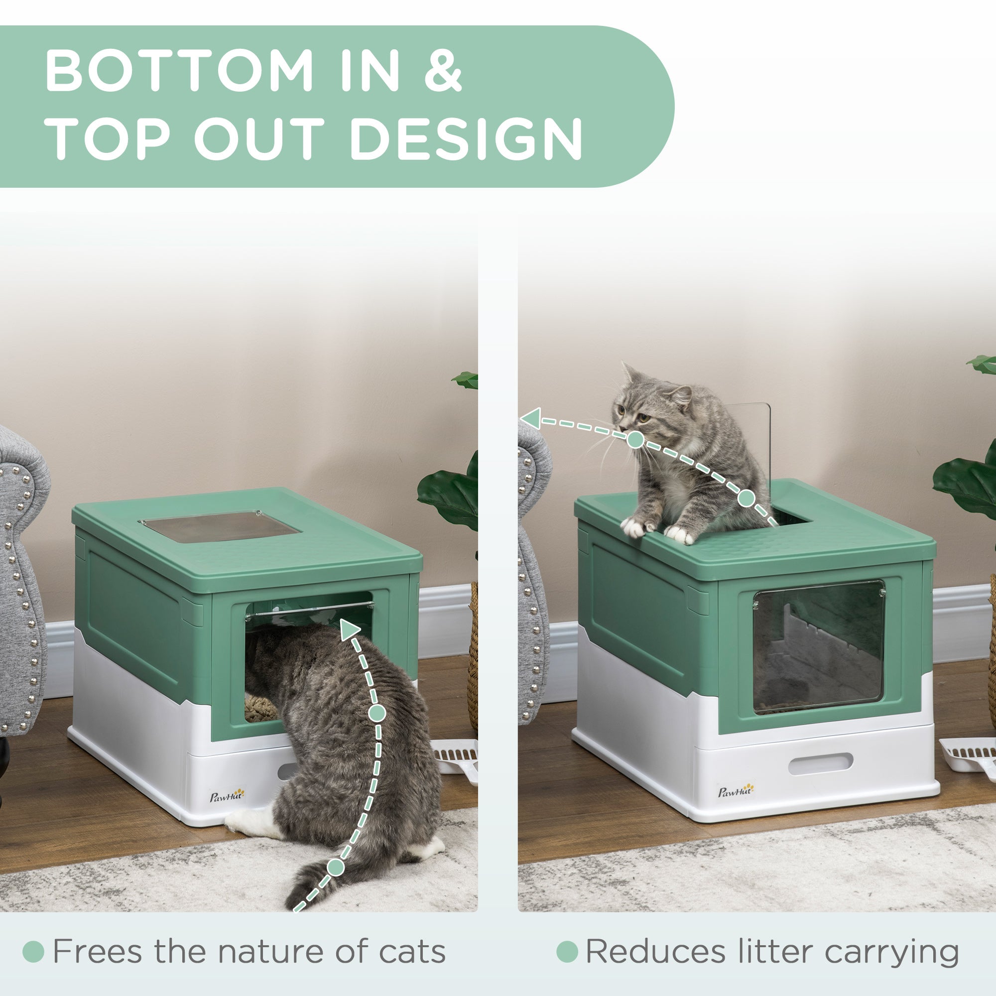 Enclosed Cat Litter Box with Scoop, Front Entry & Top Exit, Spacious Portable Pet Toilet, Green