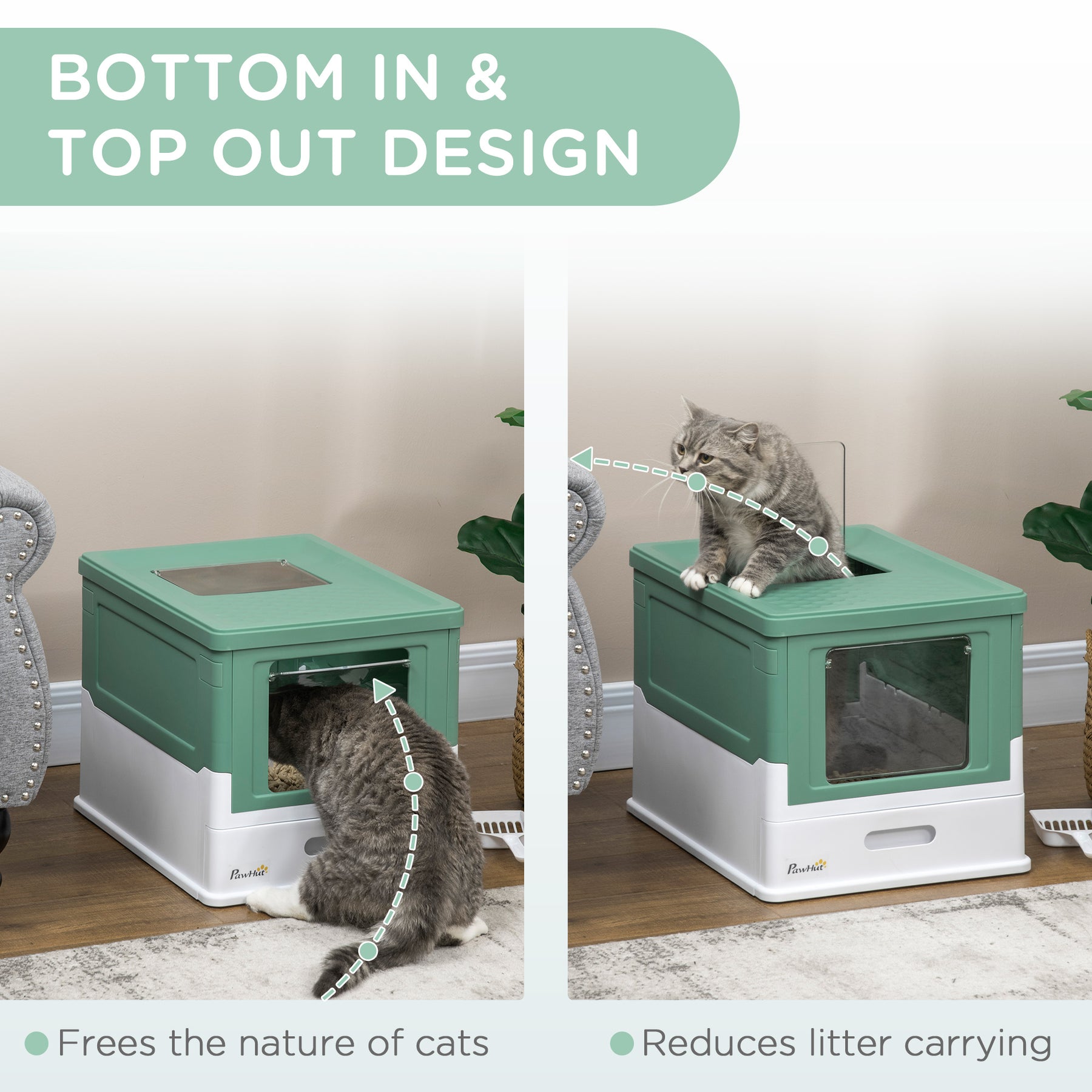 Enclosed Cat Litter Box with Scoop, Front Entry & Top Exit, Spacious Portable Pet Toilet, Green