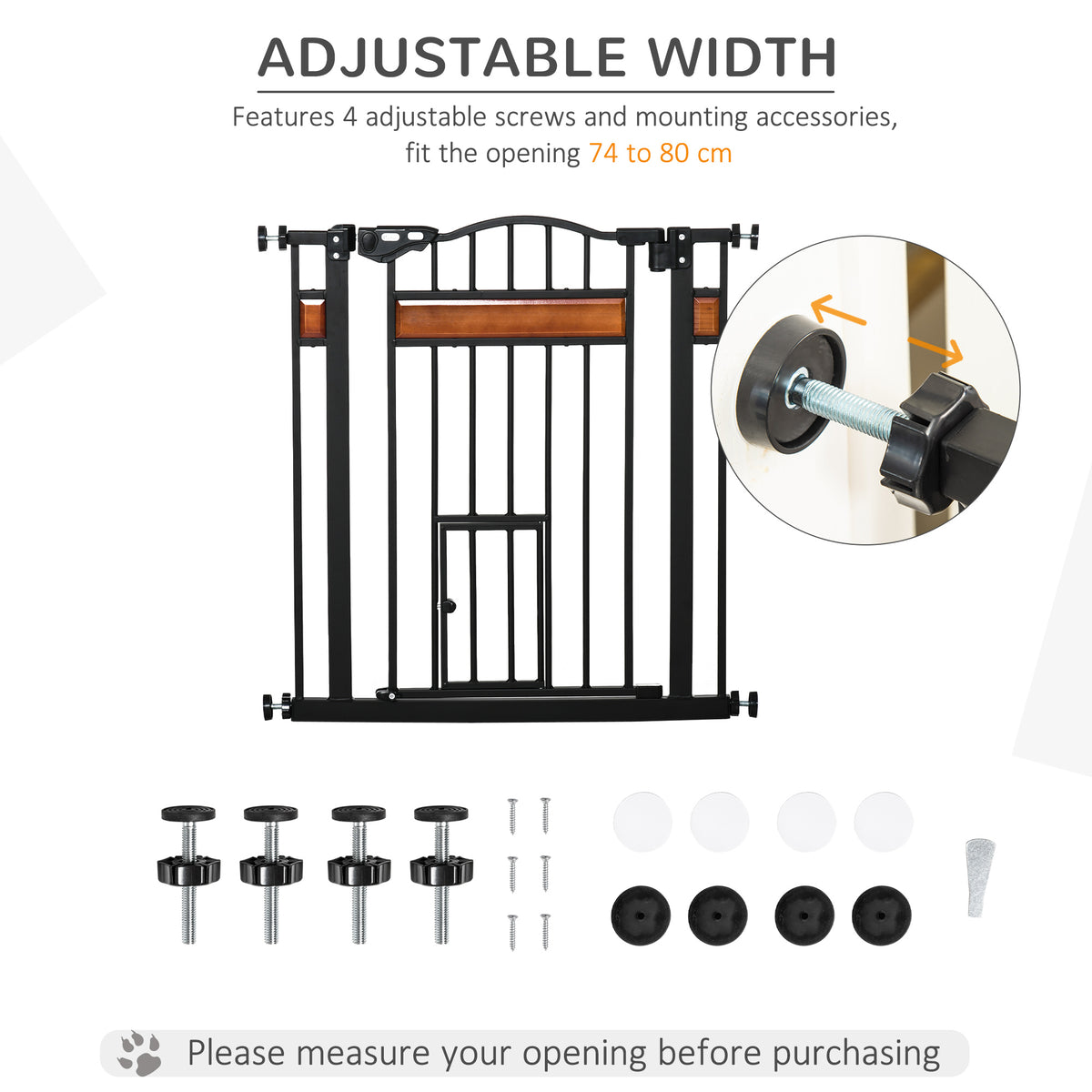 PawHut Pet Gate Safety Gate, with Cat Flap, Auto Close, for Staircases, Doorways, Hallways, 74-80cm Wide - Black PawHut