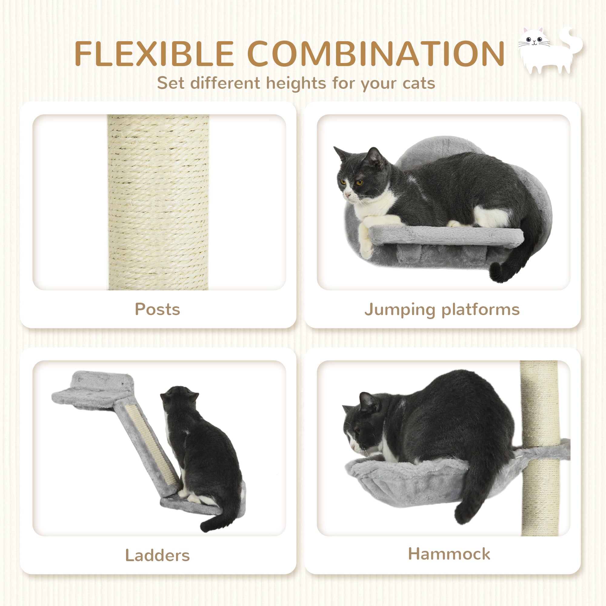 Cat Shelves Fit Cat Up to 5kg, 3-Piece Set with Hammock, Jumping Platform, Ladder, Scratching Post, Safe for Cats to Play, Grey