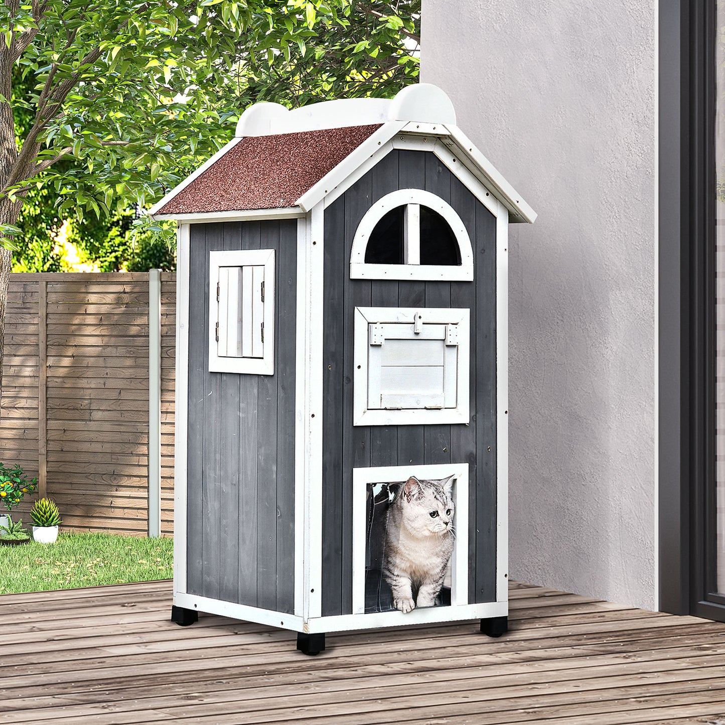 Wooden Cat House Weatherproof Pet Shelter Outdoor Condos Aosom UK