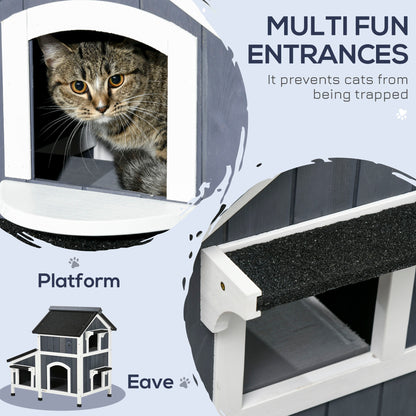 Wooden Cat House Outdoor With Flower Pot 2 Tiers Shelter Aosom UK