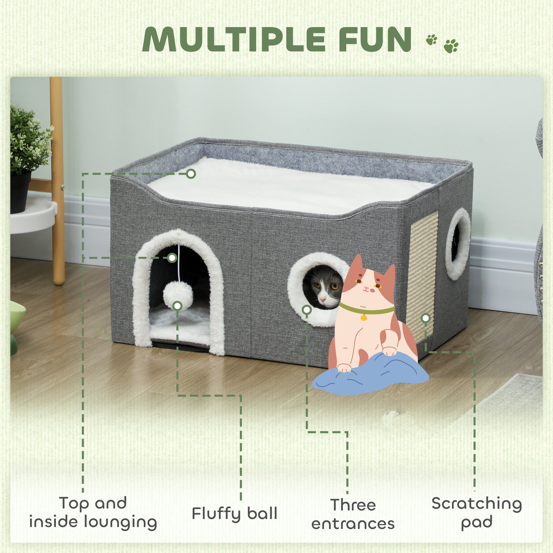Cat Bed for Indoor Pets, Foldable Cat House with Fluffy Ball and Scratch Pad for Small and Medium Pets, Grey