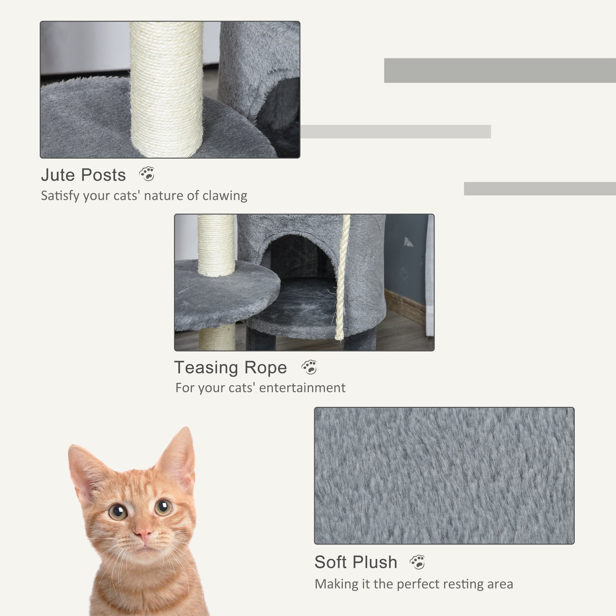 Cat Tree Tower with Jute Scratching Post, Perch, Hanging Ball, Teasing Rope for Climbing Kittens, Dark Grey