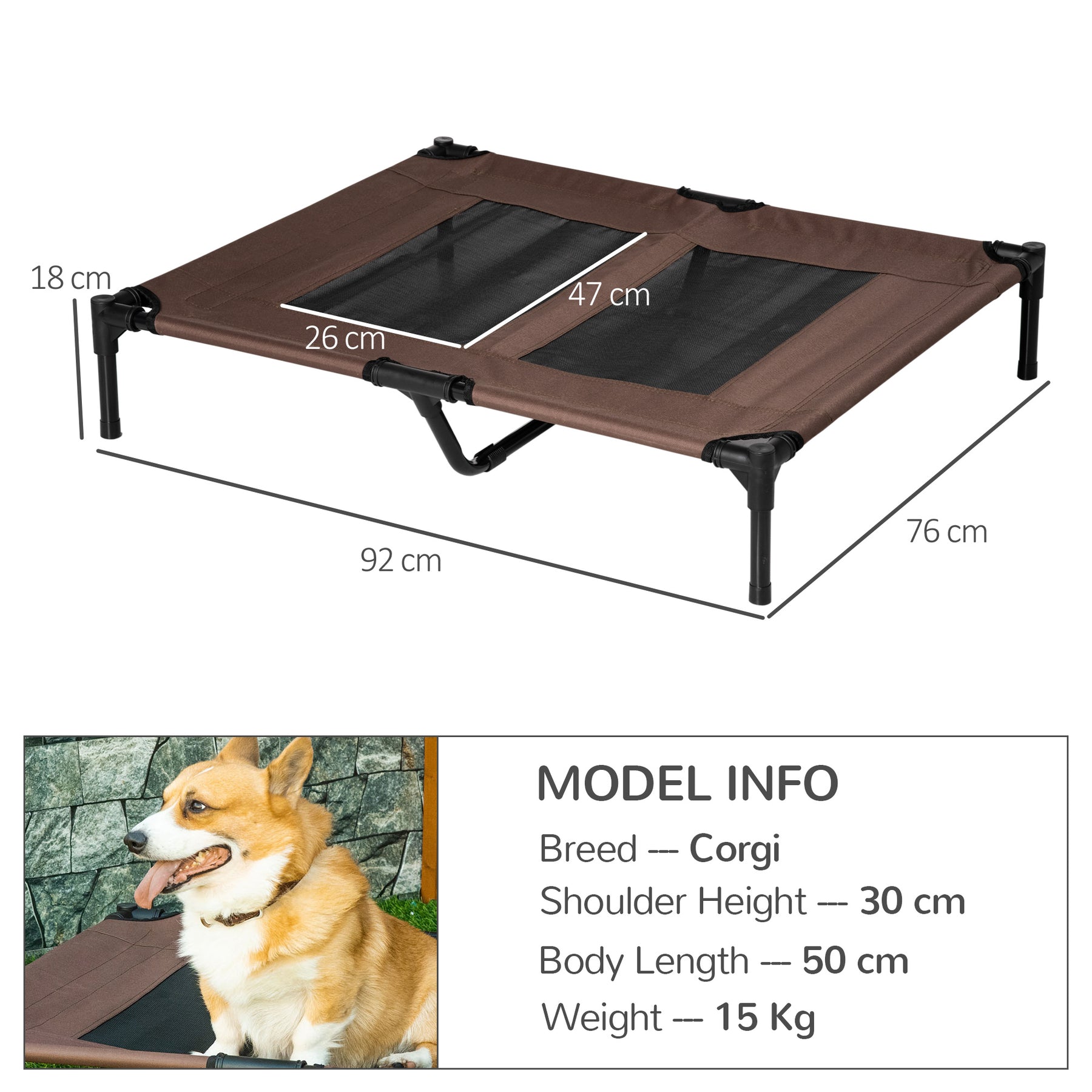 Elevated Pet Bed, Large Raised Dog & Cat Cooling Cot, Portable for Camping, Outdoor/Indoor Use, Metal Frame with Mesh, Black