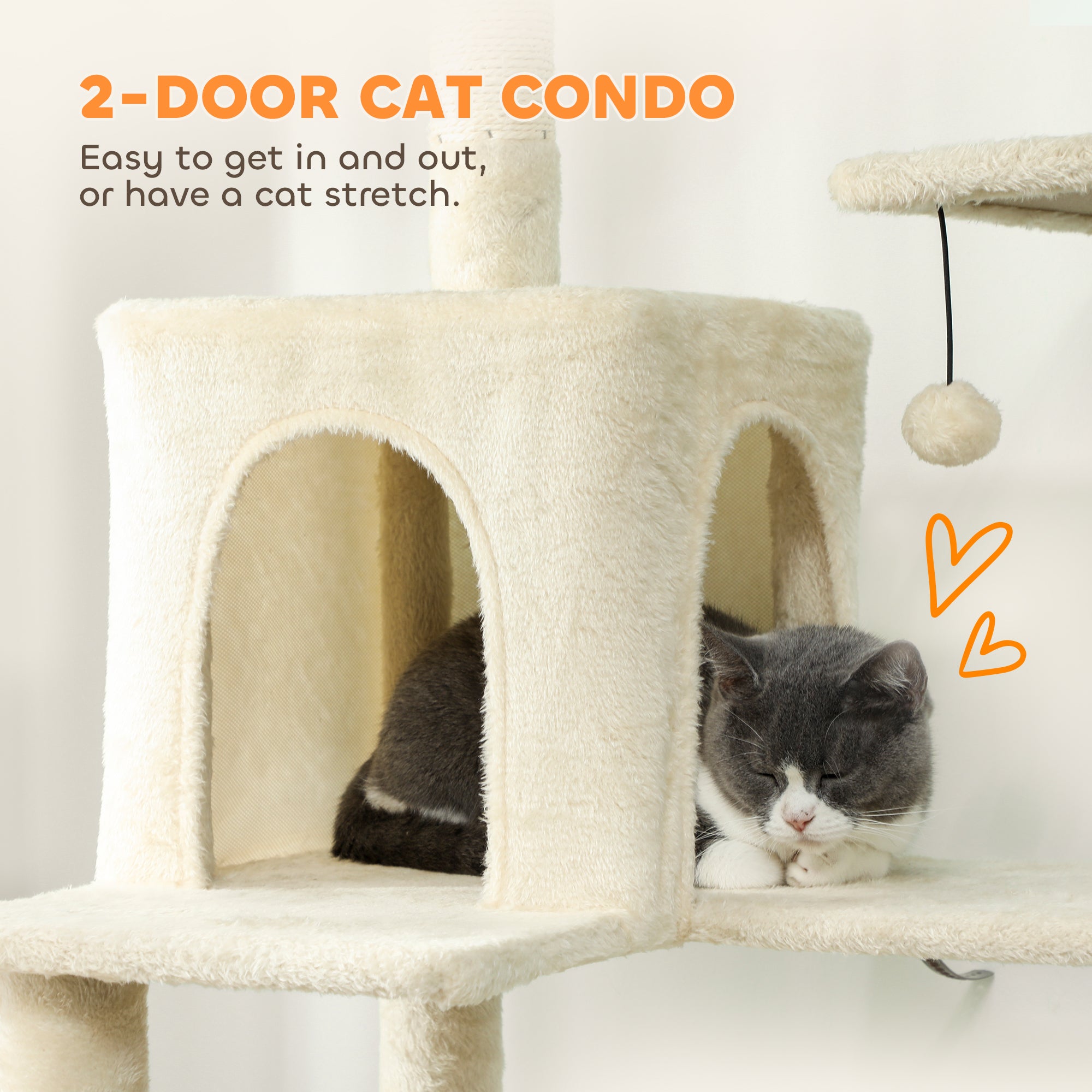 202cm Cat Tree with 6 Scratching Posts, 2 Hammocks, 2 Condos, 2 Perches, Pompoms, for Cats to Rest and Play, Beige