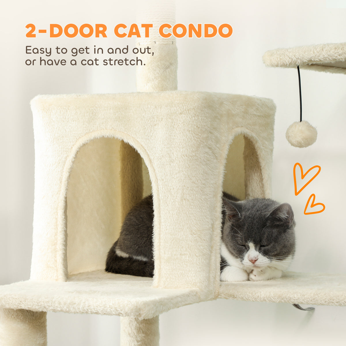 PawHut 202cm Cat Tree with 6 Scratching Posts, 2 Hammocks, 2 Condos, 2 Perches, Pompoms, for Cats to Rest and Play, Beige PawHut