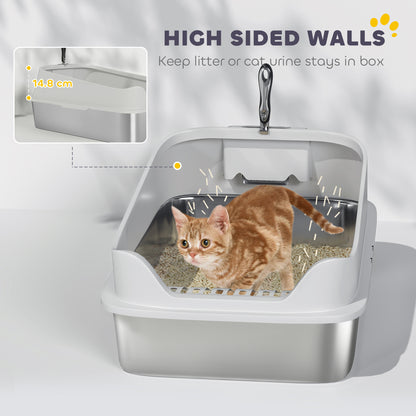 PawHut XL Stainless Steel Cat Litter Box with High Sides, Metal Scoop, 60 x 40 x 30 cm PawHut