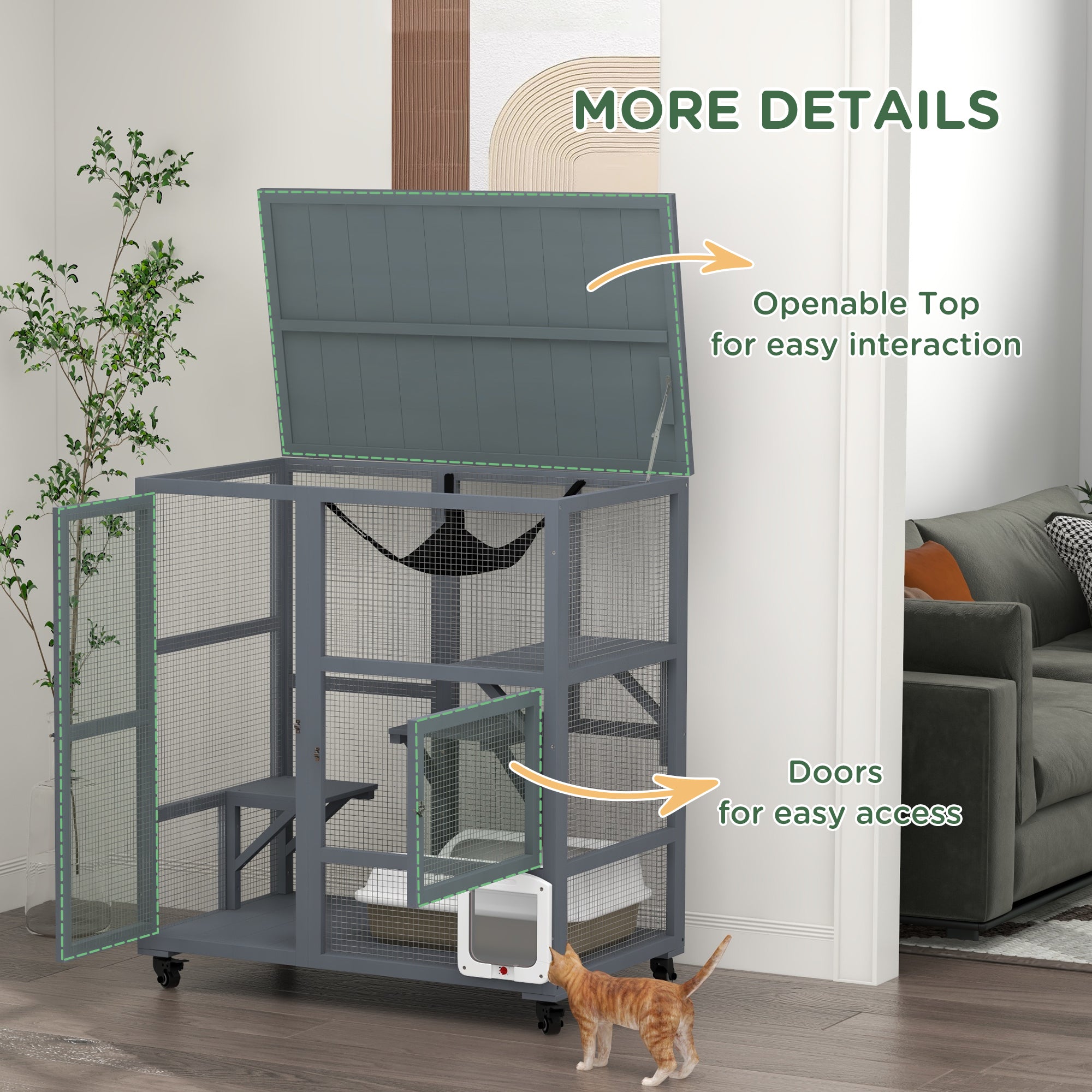 Cat Cage House, Catio Cat Outdoor Enclosure on Wheels, Weather-Resistant Wooden Kitty Cage with Platforms, Hammock, Light Grey