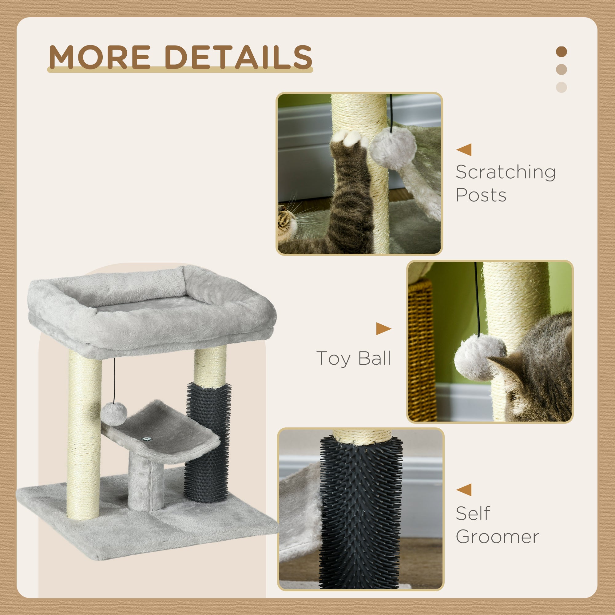 Kitty Climber Cat Tree with Self-Groomer, Scratching Post & Dangling Ball, Grey