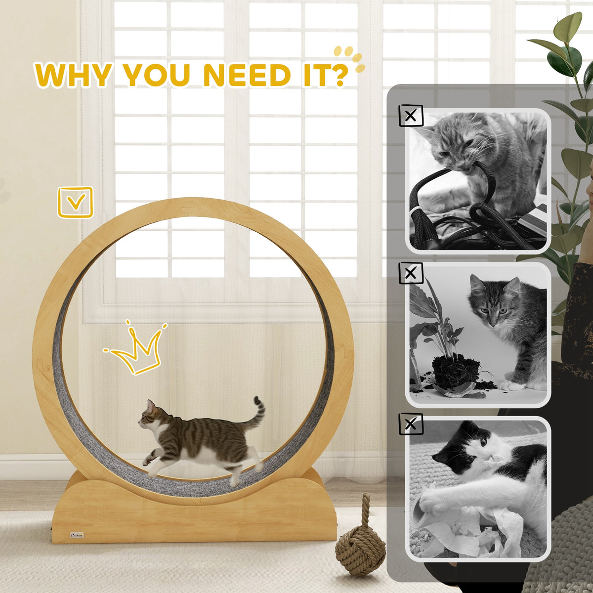 PawHut 39.4" Wooden Cat Running Wheel with Brake, Natural PawHut