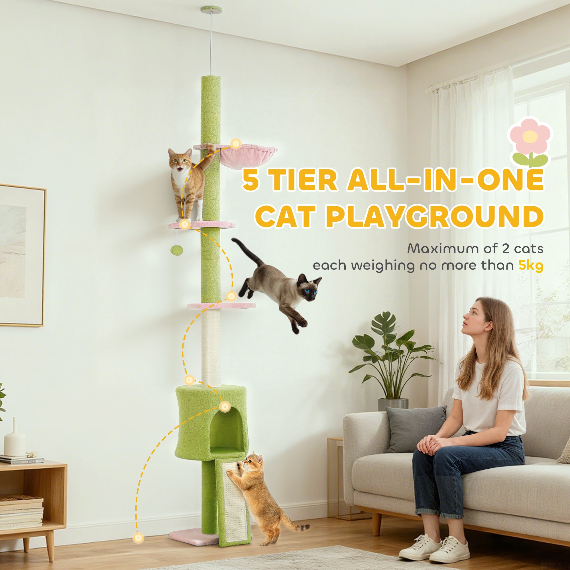 Floor to Ceiling Cat Tree Adjustable Height with Hammock, Condo, Scratching Posts, Green