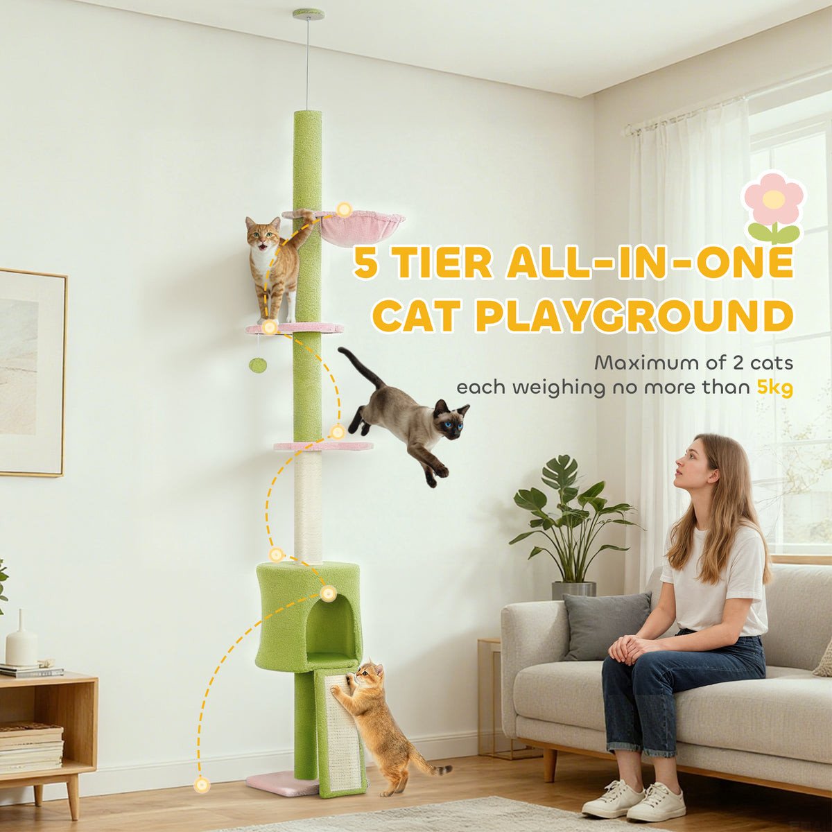 PawHut 220-240 cm Floor to Ceiling Cat Tree Adjustable Height with Hammock, Condo, Scratching Posts, Green PawHut