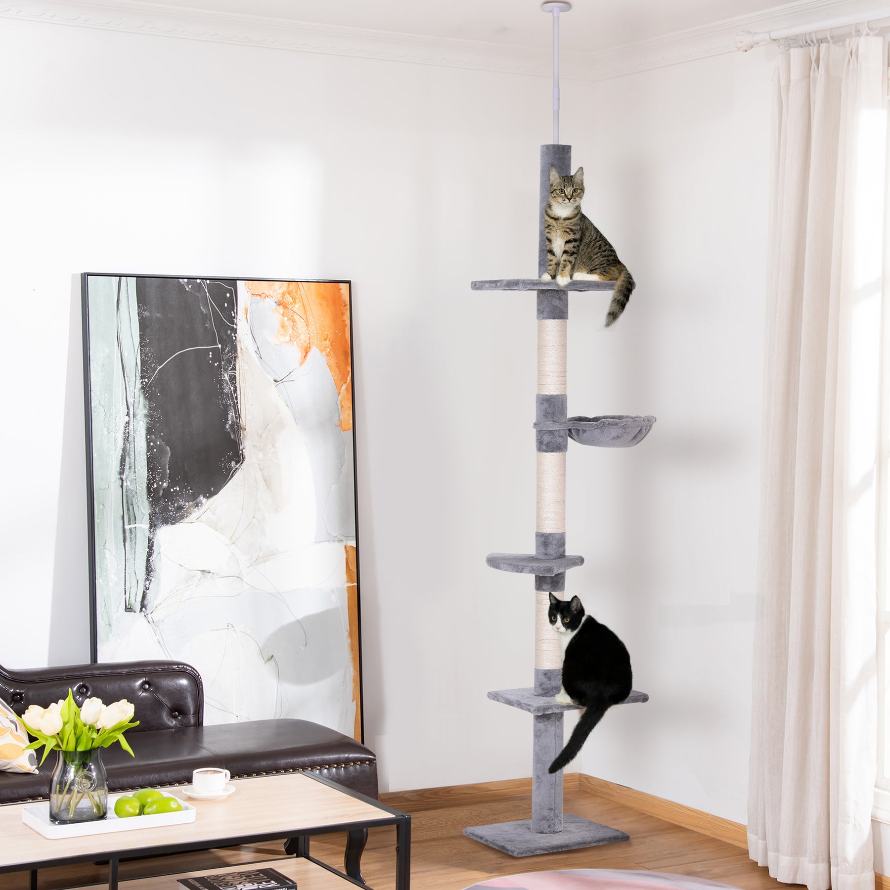 Cats Floor to Ceiling Scratching Post w/ 5-Tier Plush Leisure Platforms Grey