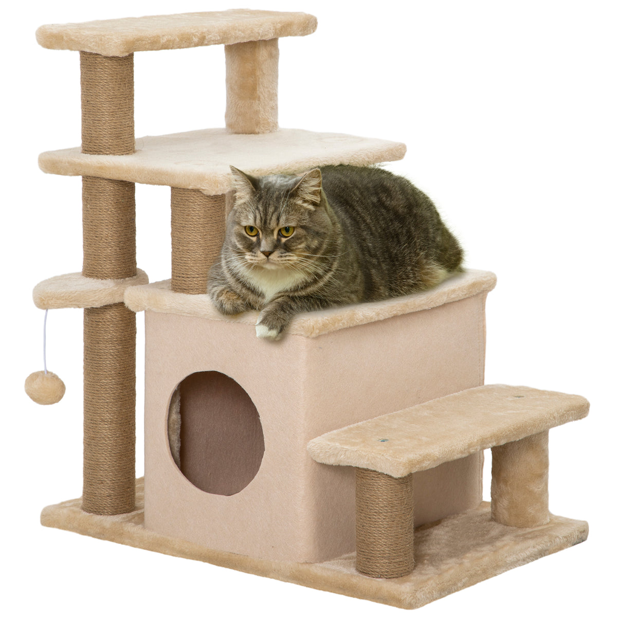 PawHut Adjustable Cat Steps, with House & Hanging Toy Ball - Beige PawHut Default Title