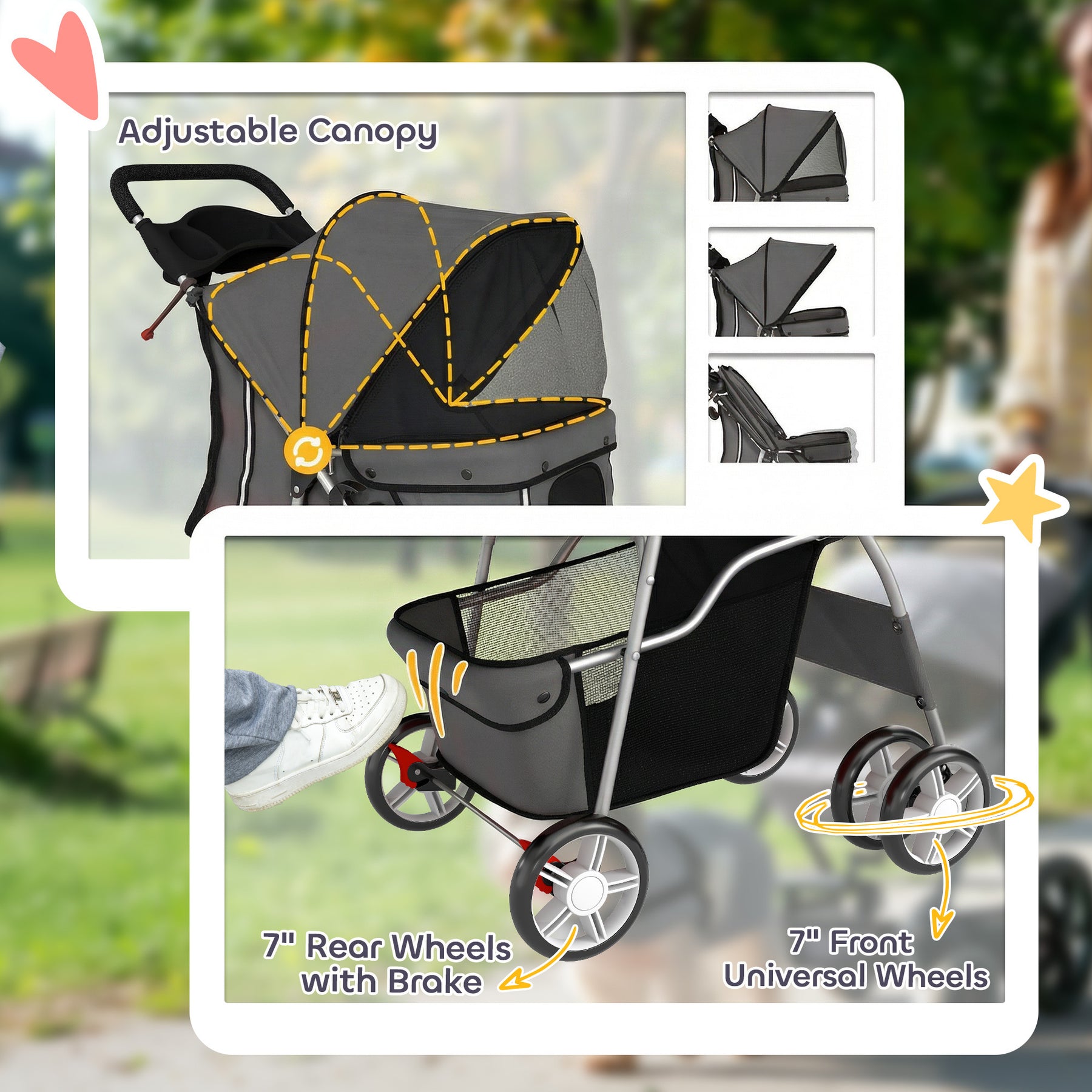 Dog Pram, Pet Stroller with Reflective Strips, Foldable Cat Stroller with 360° Swivel Wheels, Dark Grey