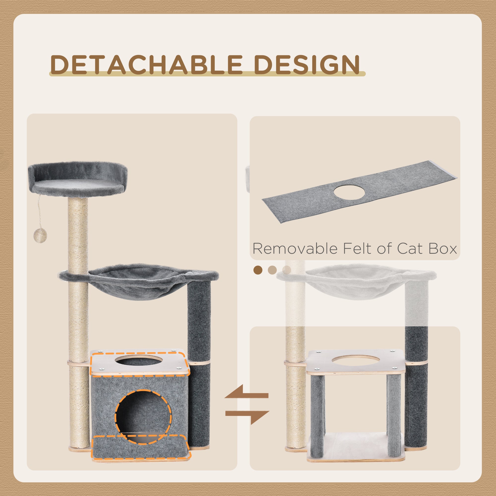 Cat Tower, 95cm Climbing Kitten Activity Centre with Sisal Scratching Posts, Perch, Spacious Condo, and Hammock, Grey
