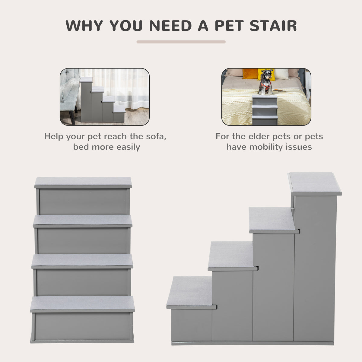 PawHut 4 Step Dog Steps for Bed, Wooden Dog Steps for Sofa, Pet Stairs for Bed Couch with Non-Slip Carpet for Cats and Puppies, 40 x 59 x 54.2 cm, Grey PawHut