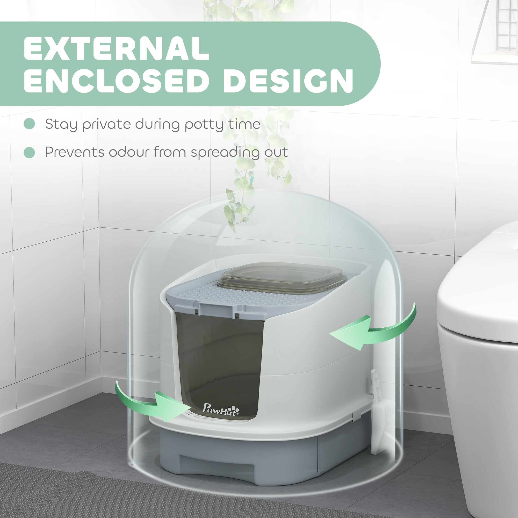 Cat Litter Box with Lid, Scoop, Deodorization Bags, Top Entry, Cat Toilet Easy Clean with Drawer Pan, Grey