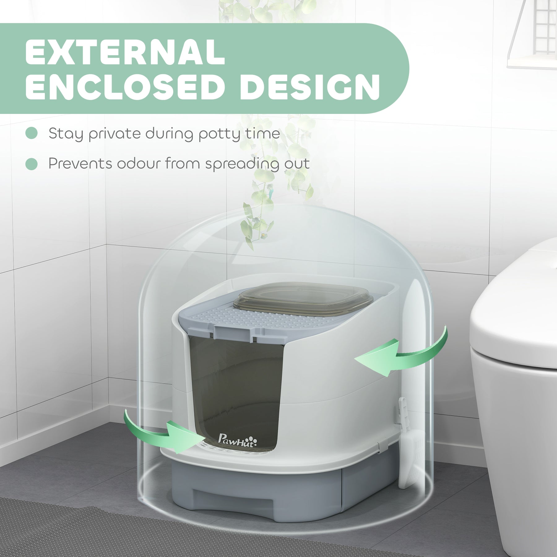 Cat Litter Box with Lid, Scoop, Deodorization Bags, Top Entry, Cat Toilet Easy Clean with Drawer Pan, Grey