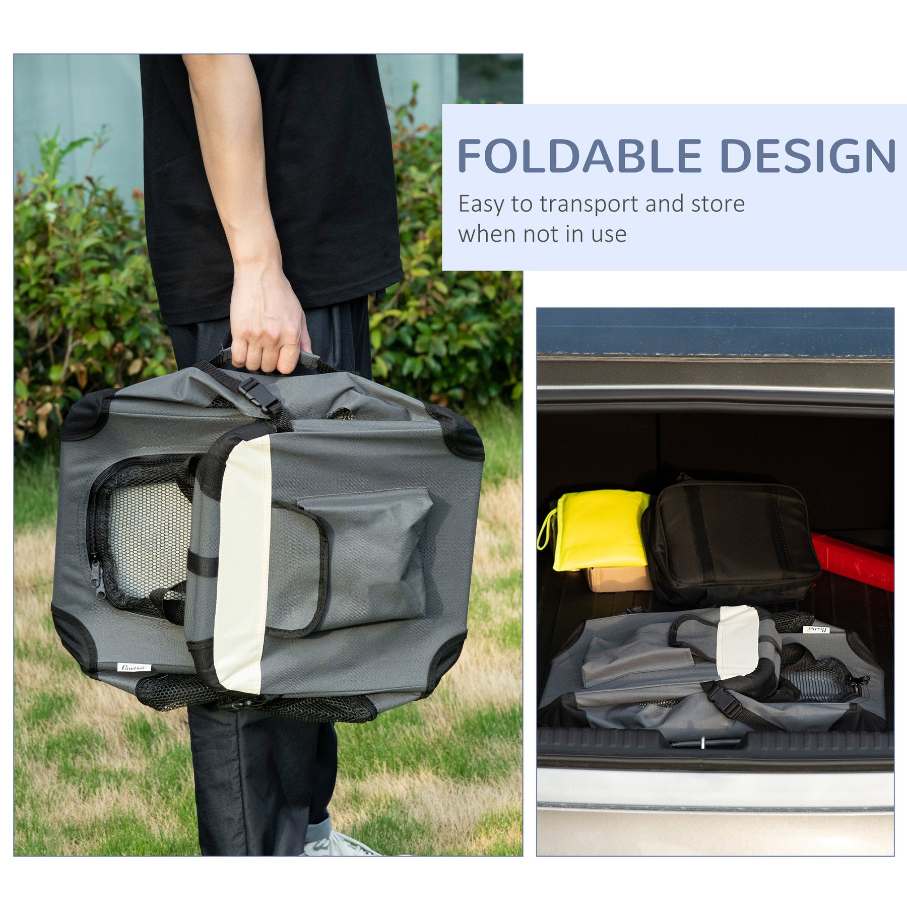 Foldable Pet Carrier, Portable Dog Cage & Cat Travel Bag with Cushion, Ideal for Miniature Breeds, 51cm, Grey