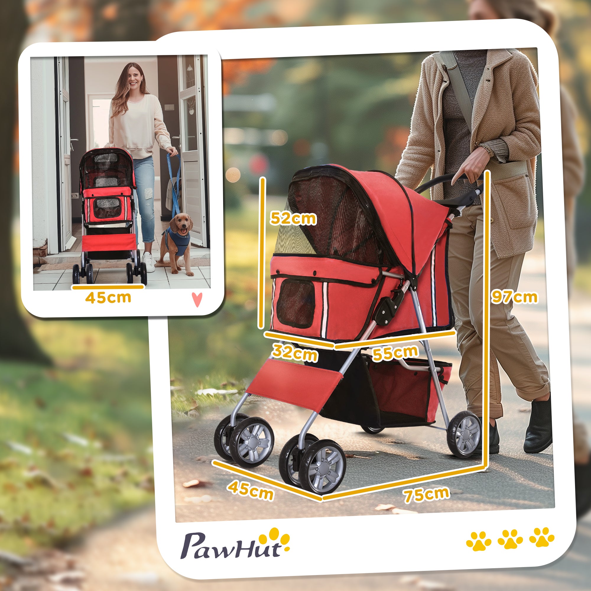 Pet Stroller, Dog Pram, Foldable Pushchair, Cat Travel Carriage with Wheels, Zipper Entry, for Small Pets, Red