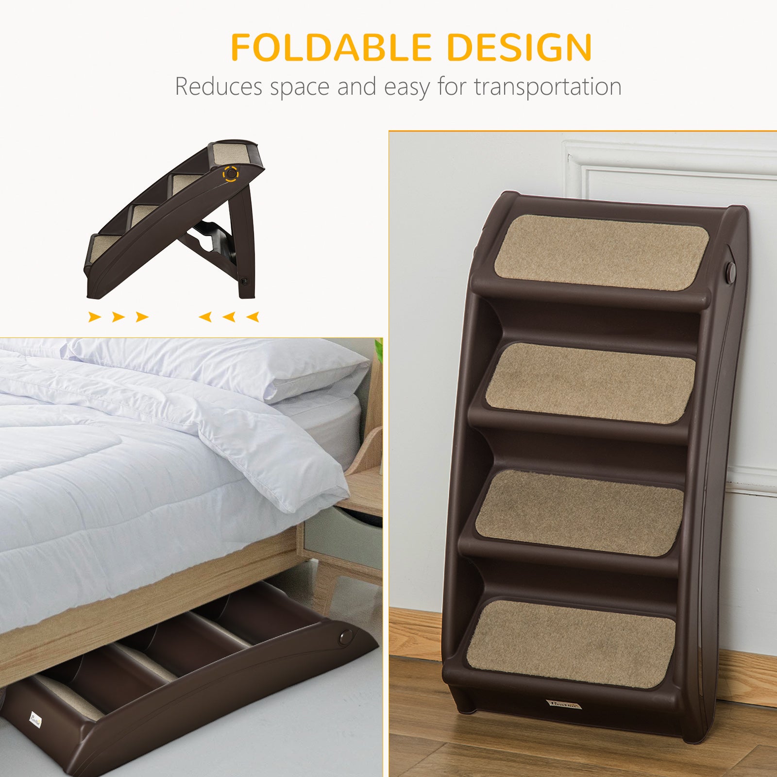 Foldable Pet Stairs, 4-Step for Cats Small Dogs with Non-slip Mats, Dark Brown
