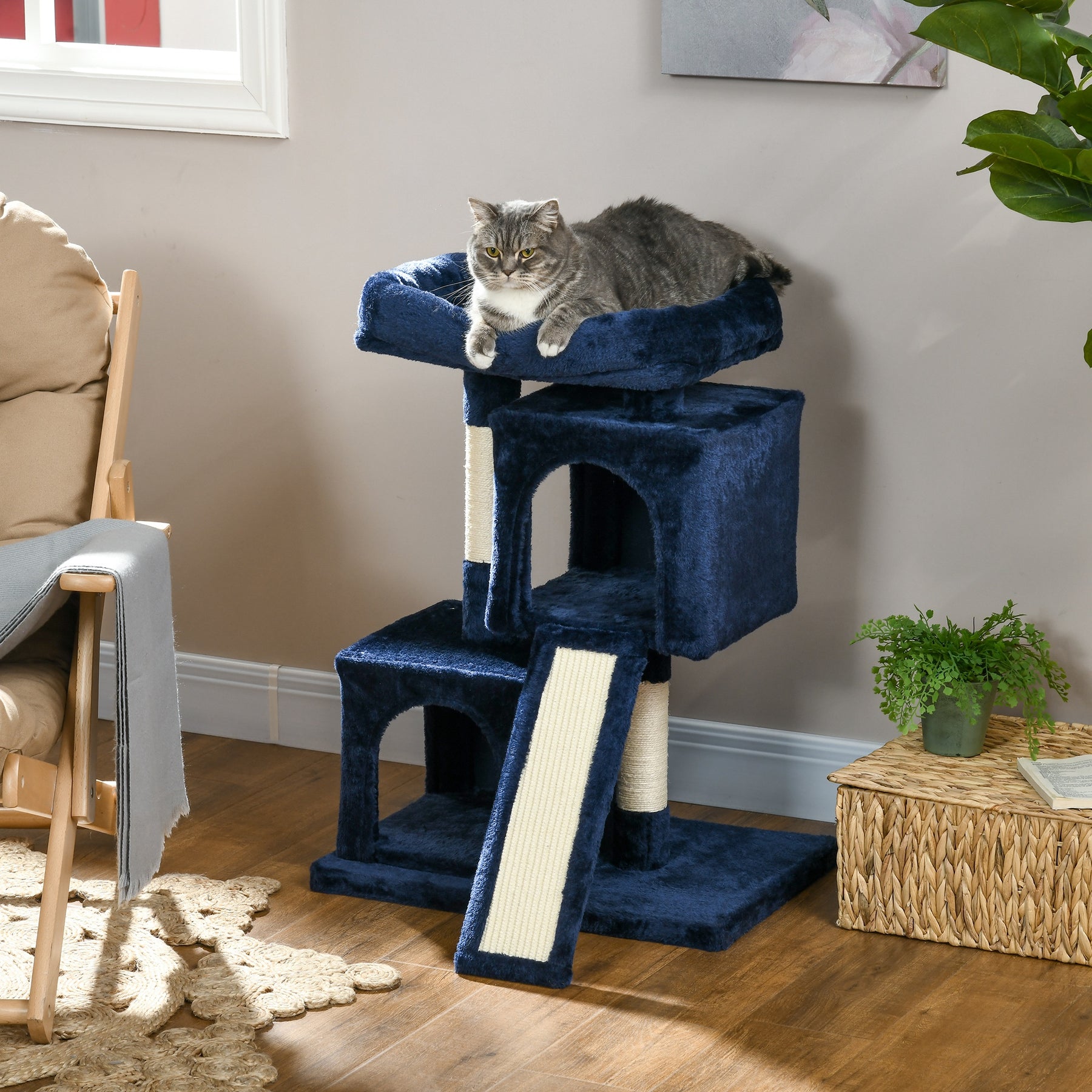 Sisal Cat Activity Tree, Rest & Play Centre with 2 Houses, Durable, Navy Blue