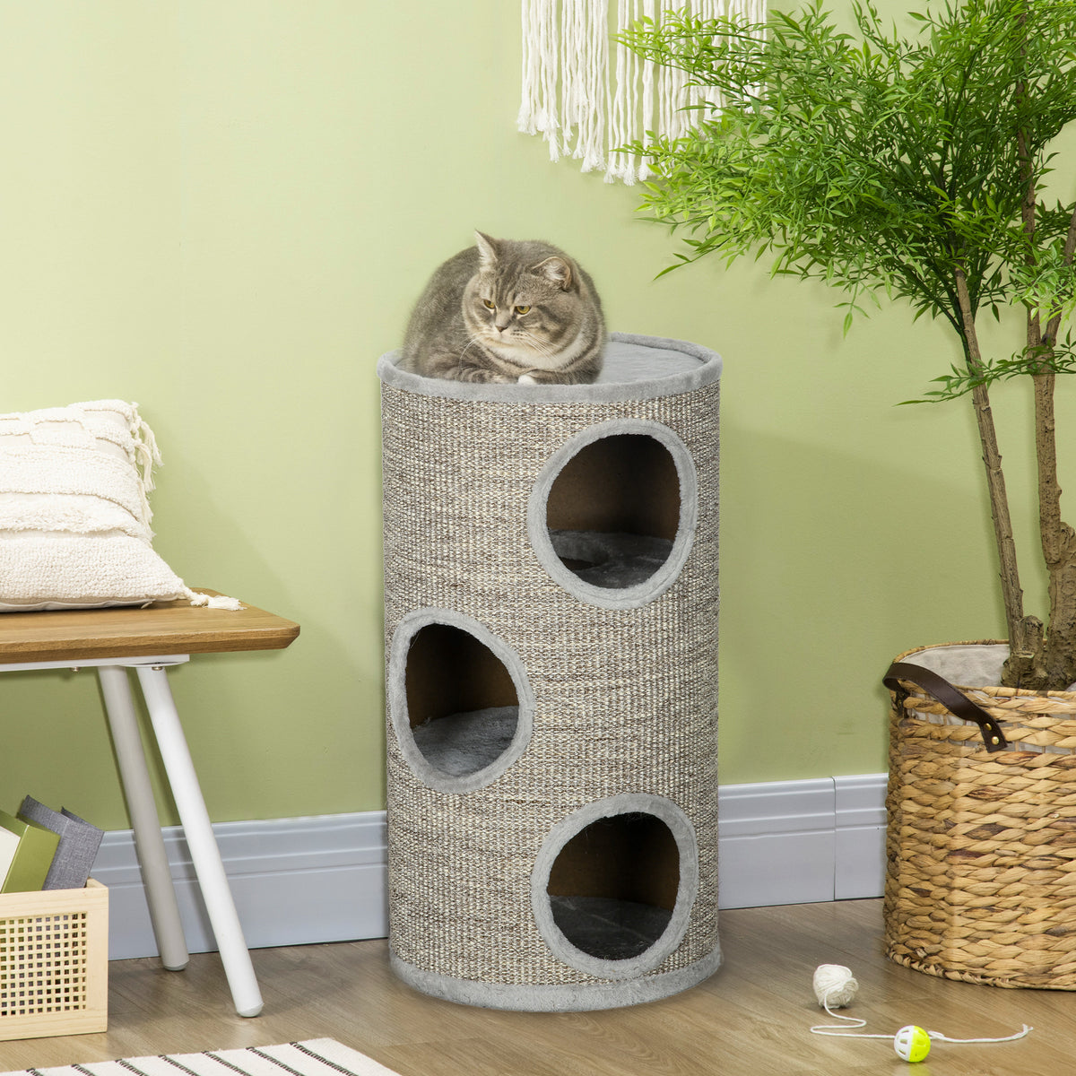 PawHut Cat Scratching Barrel 70cm with 3 Tiers – Light Grey Cat Scratching Barrels PawHut